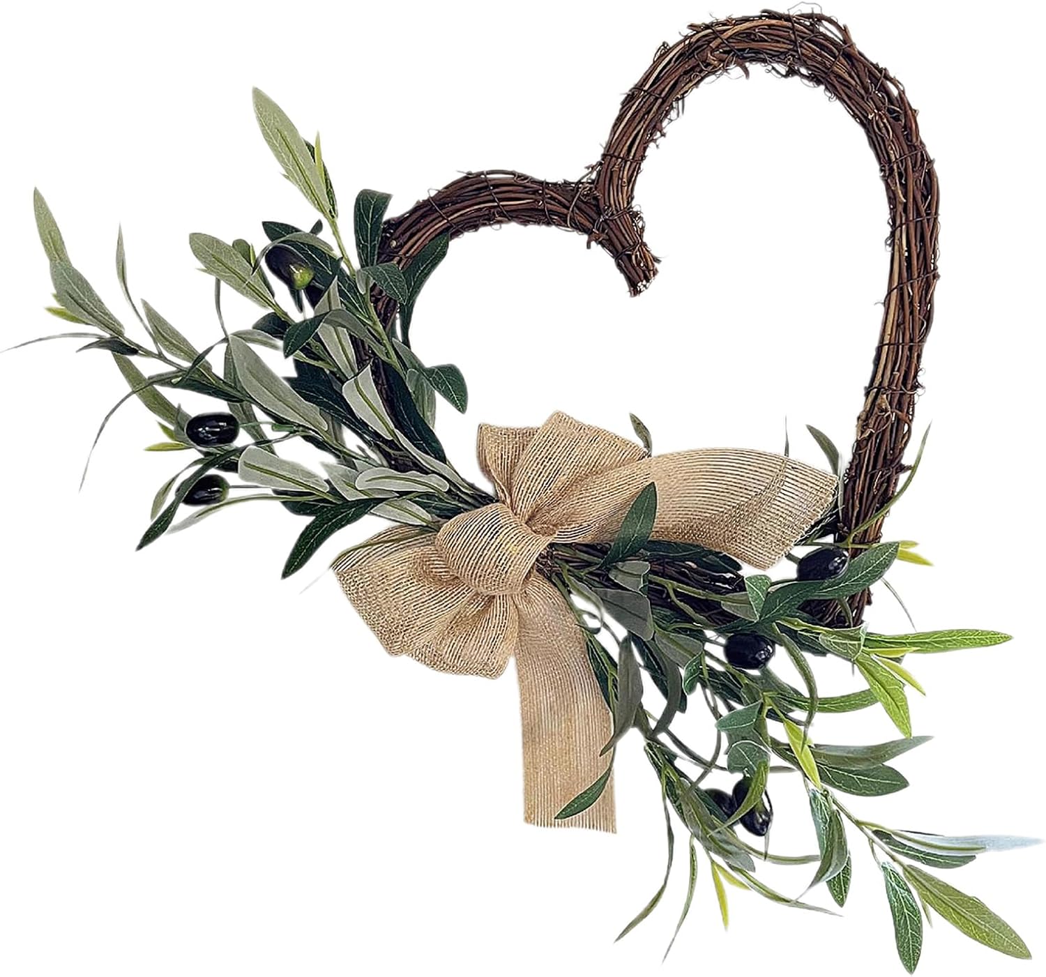50×32cm Wreath,Valentine Heart Wreath,Heart Shaped Olive Branch,Spring Summer Front Door Decor,Valentine Home Wall Hanging with Burlap Bow