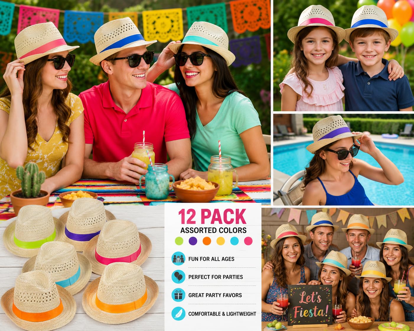 Fedora-Hüte, Havanna-Nächte, kubanisch, Cinco de Mayo, Geburtstage und andere Feier-Accessoires, Mehrfarbig, 12 Stück, Mehrfarbig, 53 cm