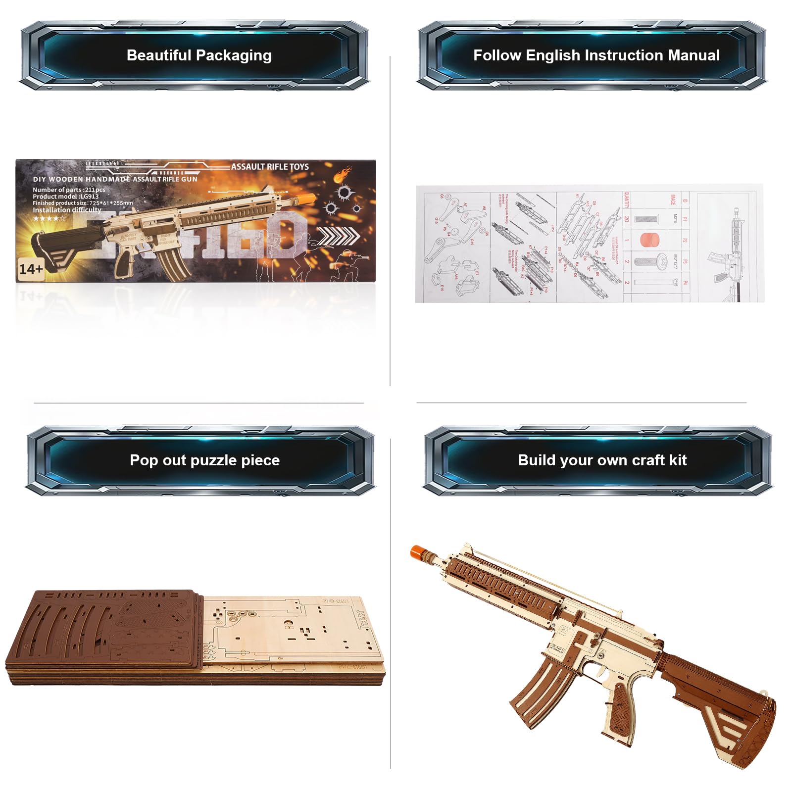 Drewniane puzzle 3D dla dorosłych w wieku od 14 lat, fajne gumki, pistolet, zabawki, zestawy montażowe, DIY, rękodzieło, hobby, urodziny, dla mężczyzn i kobiet, 211 szt