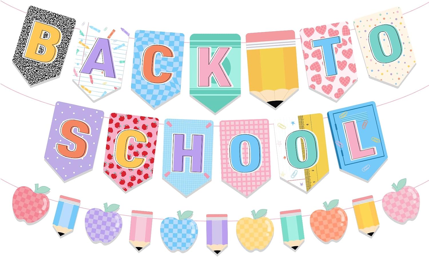 Back to School Banner,First Day of School Banner Decorations for Classroom,Pastel Pencil Apple Sign for Kindergarten Preschool Classroom Home Party Decor
