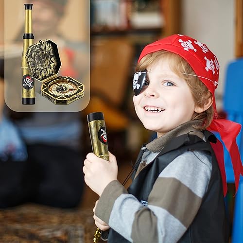 Miniatura 6 de Gejoy 2 piezas de telescopio pirata y brújula para niños y adultos, mini juguete de plástico retro para fiesta temática pirata, suministros de