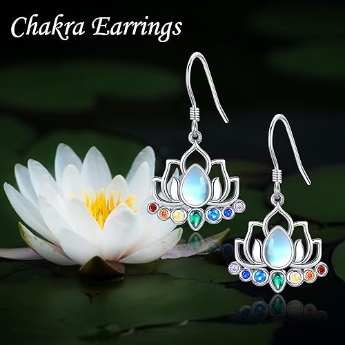Miniatura 6 de ONEFINITY Aretes de loto de chakras de plata de ley 925 con diseño de loto y chakra, joyería de yoga para mujer, Plata de ley, Piedra de luna