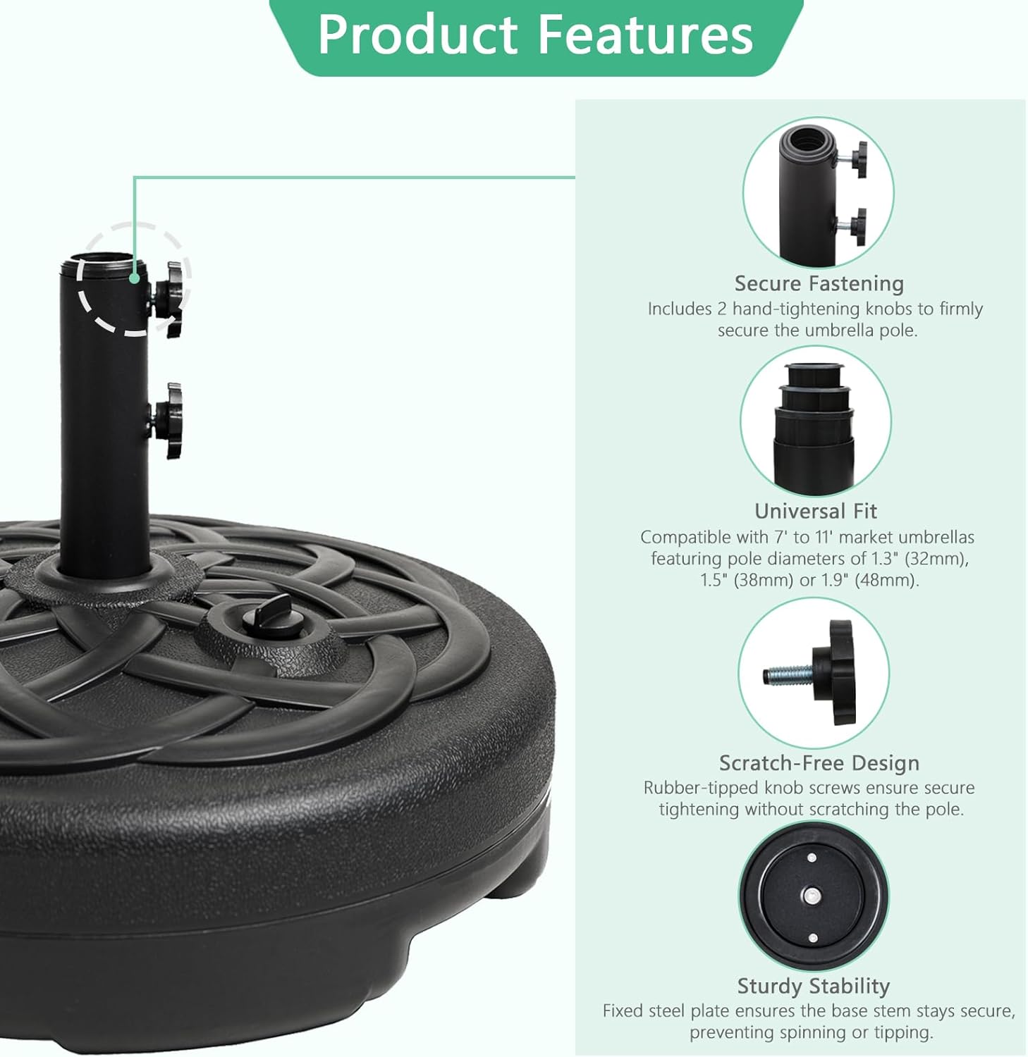 Helios&Hestia 112 lb Heavy Duty Round Umbrella Base, Plastic Water and Sand Fillable Outdoor Stand Weight for Patio Market Table Umbrella, Black