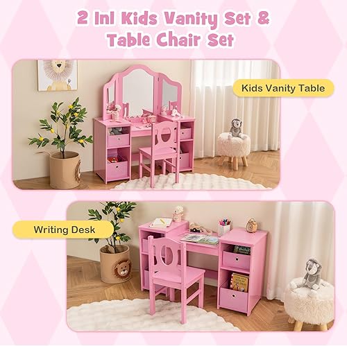 Miniatura 12 de INFANS Vanity - Juego de escritorio y silla de maquillaje de princesa 2 en 1 con espejo desmontable de tres pliegues, estantes de almacenamiento
