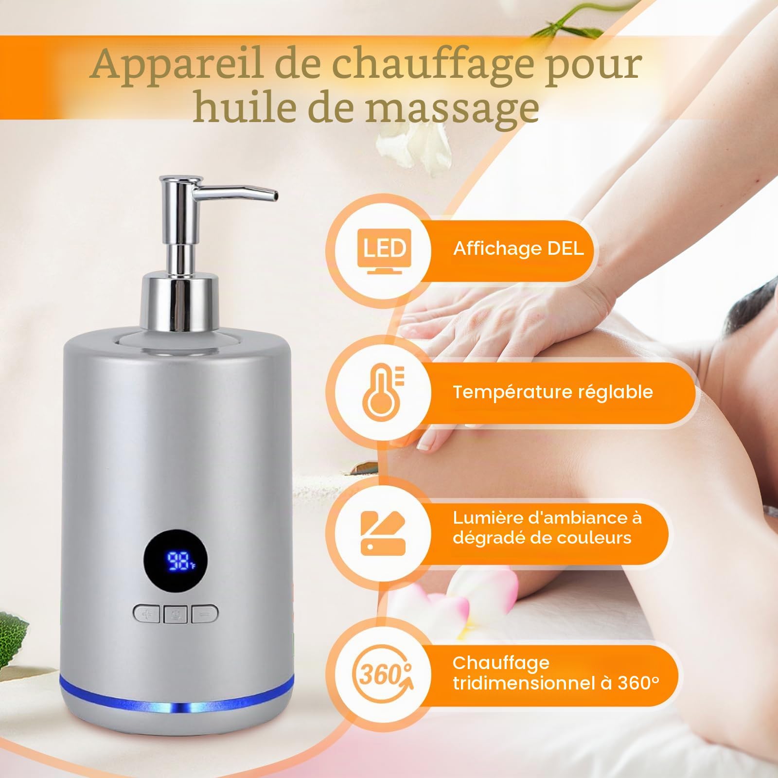 Chauffe Huile De Massage, 250 Ml électrique Chauffe Huile Pour Massage Avec 2 Bouteilles, Réchauffeur D'huile De Massage Température Réglable Chauffe Huile Pour Spa Salon Et Usage Domestique (Argenté)