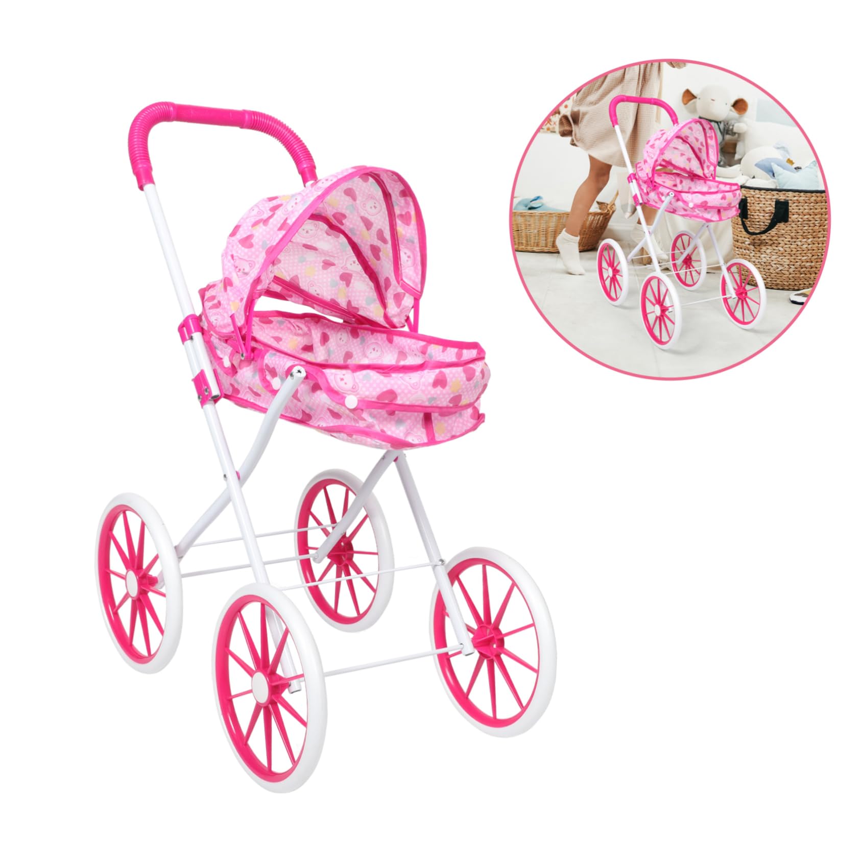 TOYANDONA Passeggino per Bambole Giocattolo Pieghevole Baldacchino Realistico e Ampio Accessori Inclusi Stimola Gioco di Ruolo Interattivo Adatto a Bambine Rosa Panno