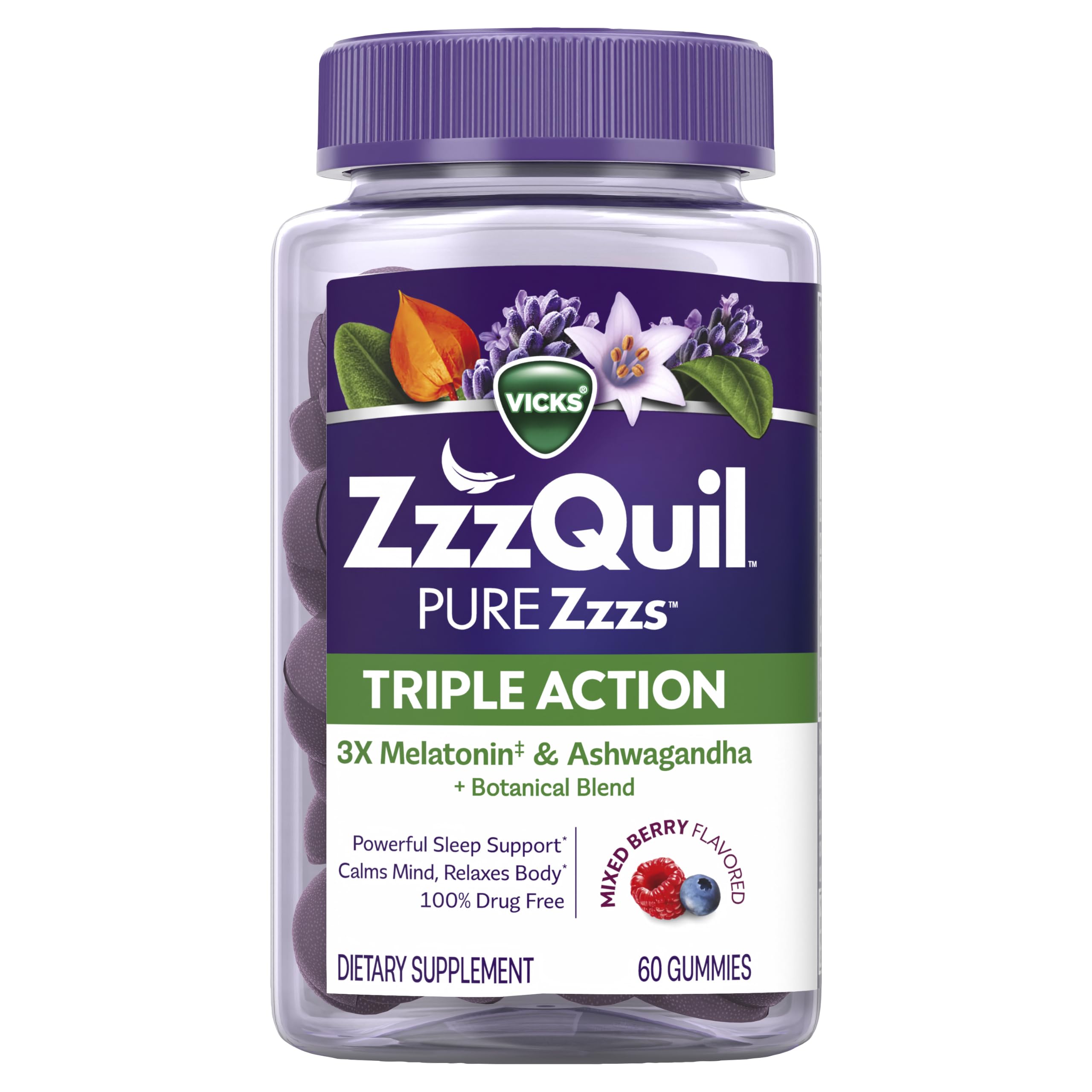 ZzzQuil PURE Zzzs Triple Action, Melatonin Gummies, Melatonin 6mg, 3X Melatonin, Sleep Aid with Ashwagandha, Calm Mood, Antioxidant Action, Sleep Aids for Adults, 60 Sleep Gummies — Amazon image 10