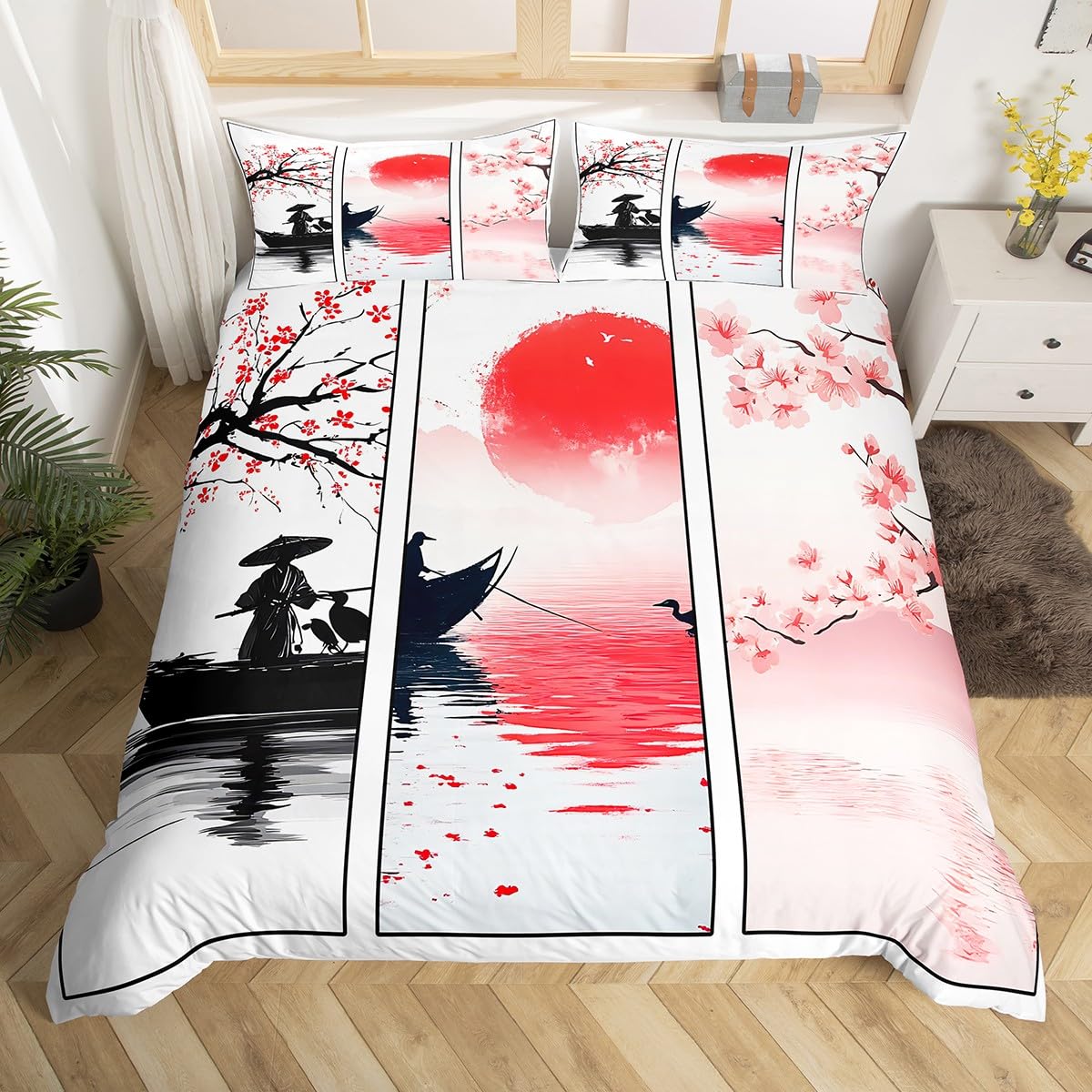 Loussiesd Japanese style Duvet Cover with extra large sun plum blossom and boat pattern bedding set retro ink decoration bedding set landscape painting bedding set