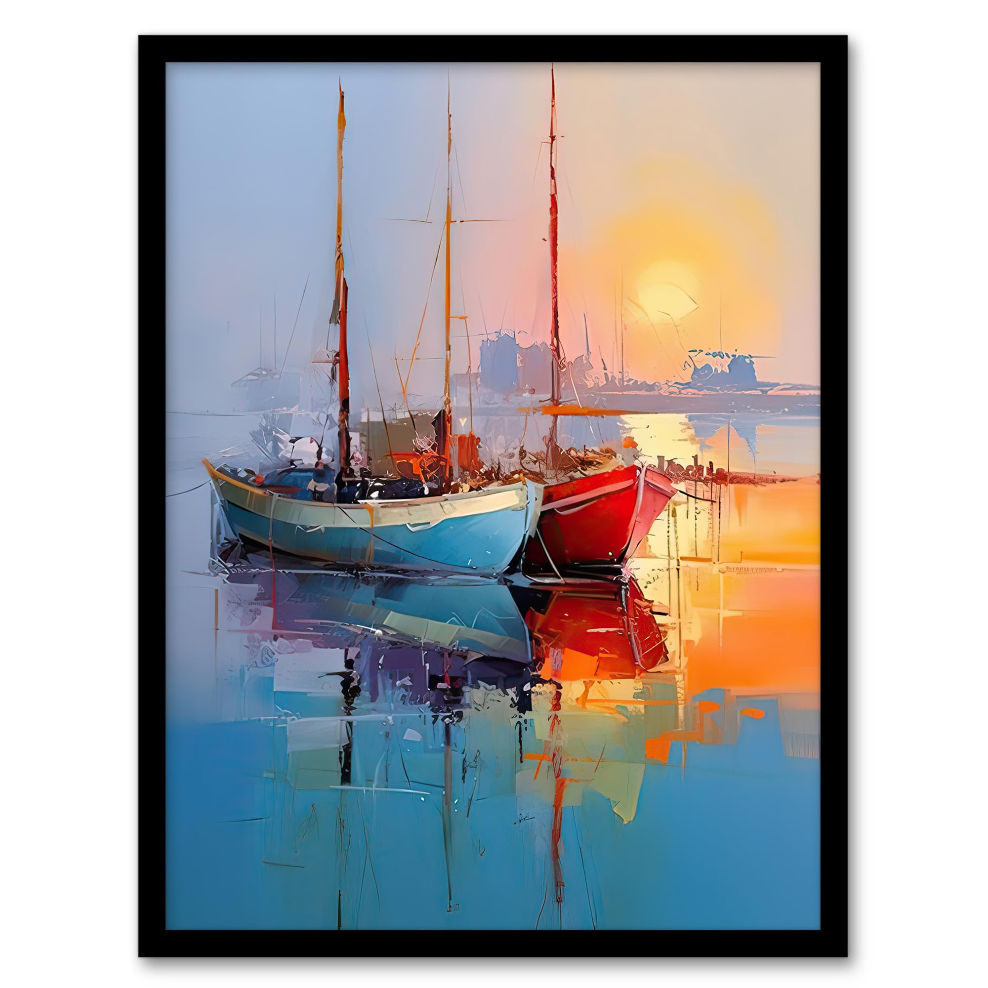 Artery8 Sailboats Reflecting in Calm Misty Sunrise Seascape Artwork Framed Wall Art Print A4