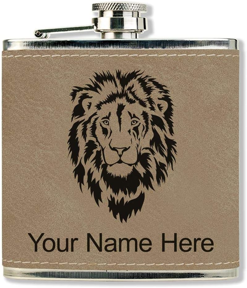 LaserGram Faux Leather Flask, Lion Head, Personalized Engraving Included (Black With Silver)