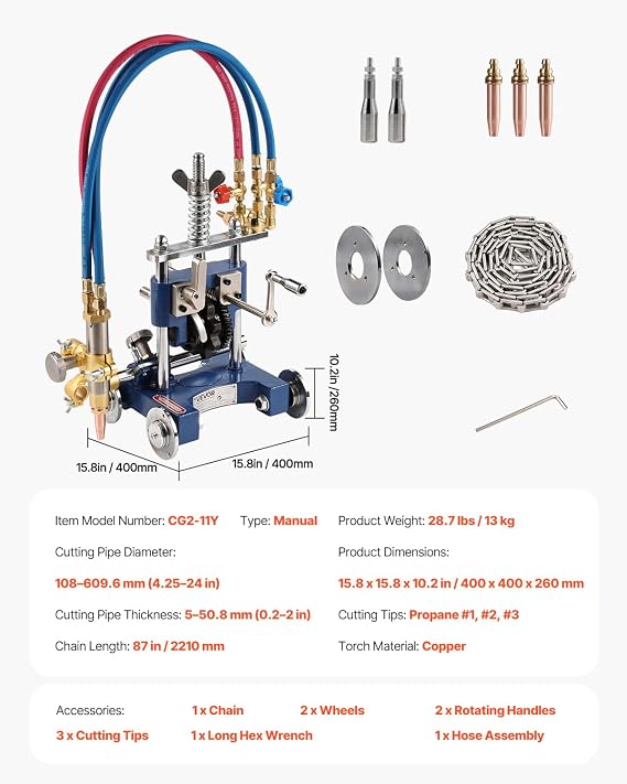 VEVOR CG2-11Y Manual Pipe Cutting Machine, 0.2-2 Thick Pipe Beveling Machine with 82-in Chain, 0-45 Adjusted Angle Gas Cutting Machine with 3 Tips, Portable Torch Beveling Gas Cutter