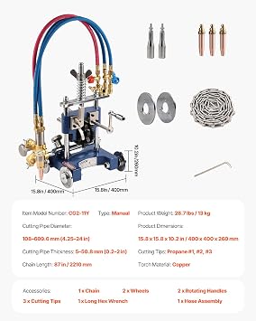 VEVOR CG2-11Y Manual Pipe Cutting Machine, 0.2-2 Thick Pipe Beveling Machine with 82-in Chain, 0-45 Adjusted Angle Gas Cutting Machine with 3 Tips, Portable Torch Beveling Gas Cutter
