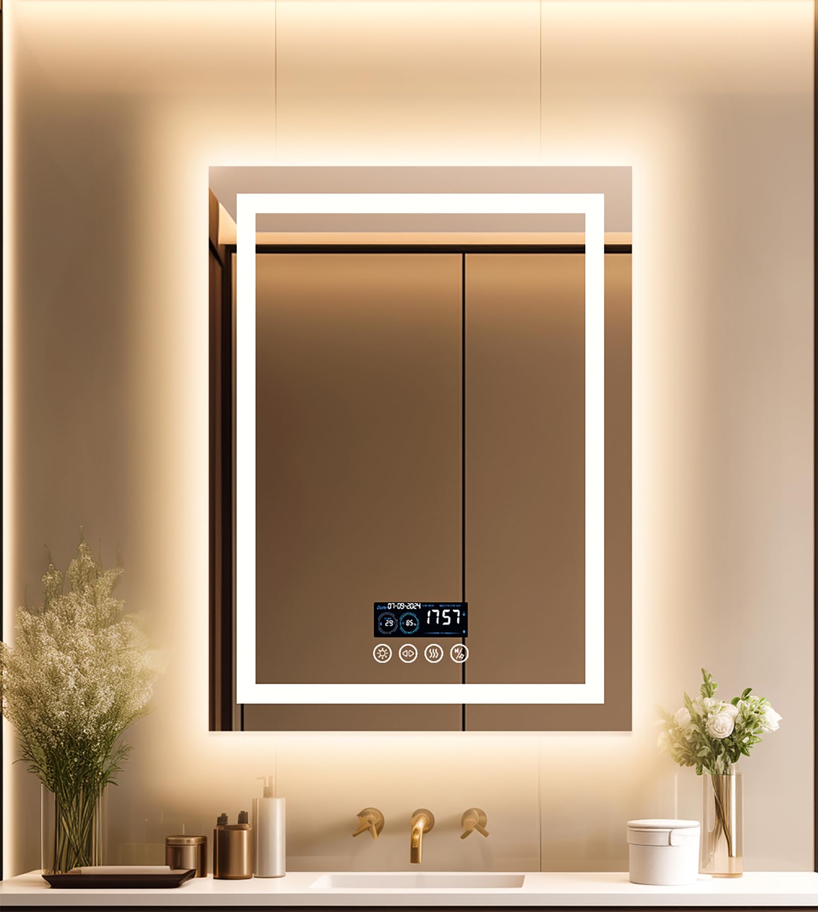 Wisfor Bathroom Mirror with LED Lights: 600x800mm Wall Illuminated Mirror with Bluetooth Dimmable 3 Colours Front Light + Backlit, Anti-fog, Memory Function, Time Temperature Display