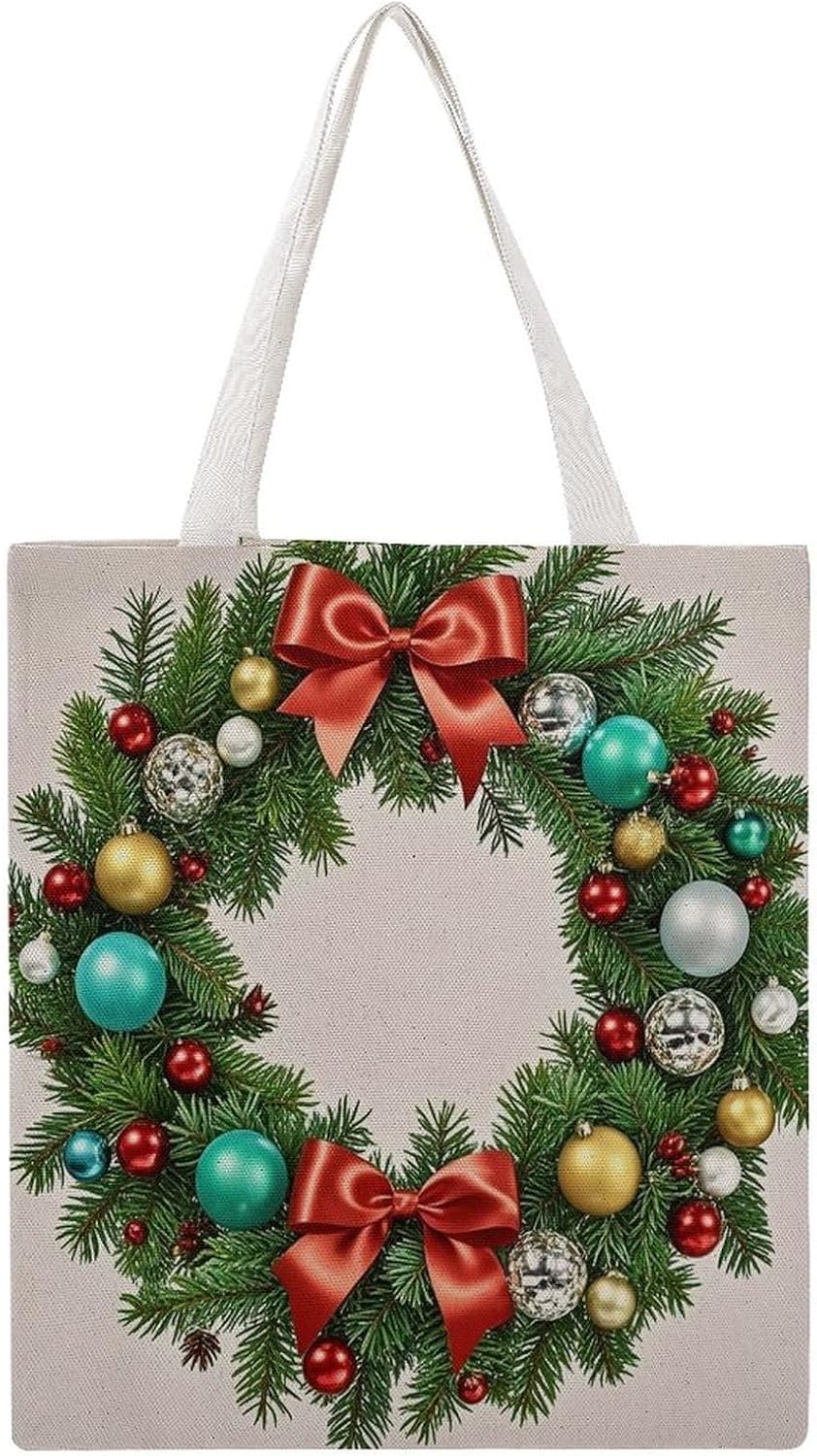 Christmas Wreath Canvas Tote Bag Reusable Grocery Bags Foldable Soft Cotton Shoulder Carry Bag