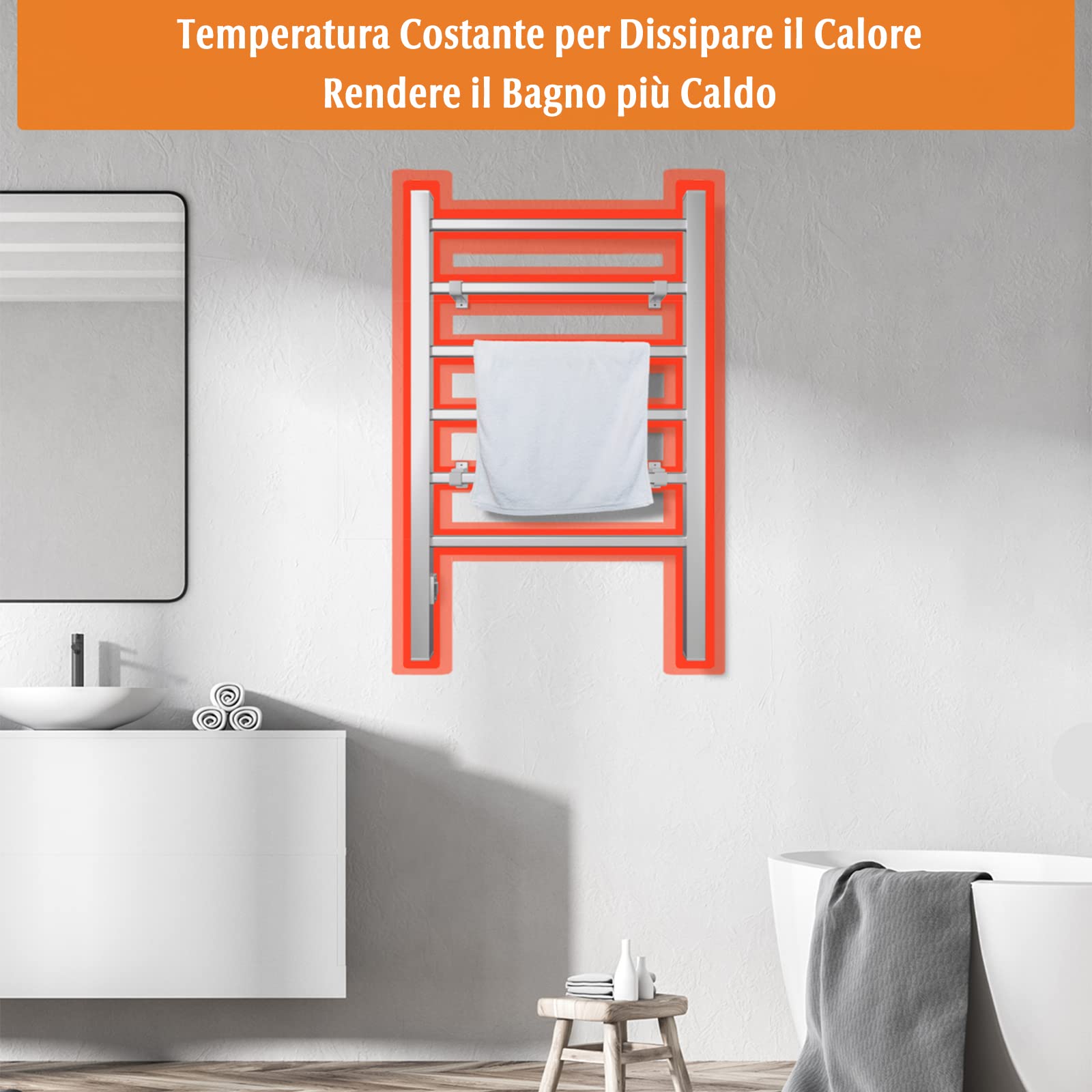 GYMAX Scaldasalviette Elettrico, Porta Asciugamani in Alluminio, Riscalda 45-50 °C, in Piedi & a Parete, Include Accessori a Parete