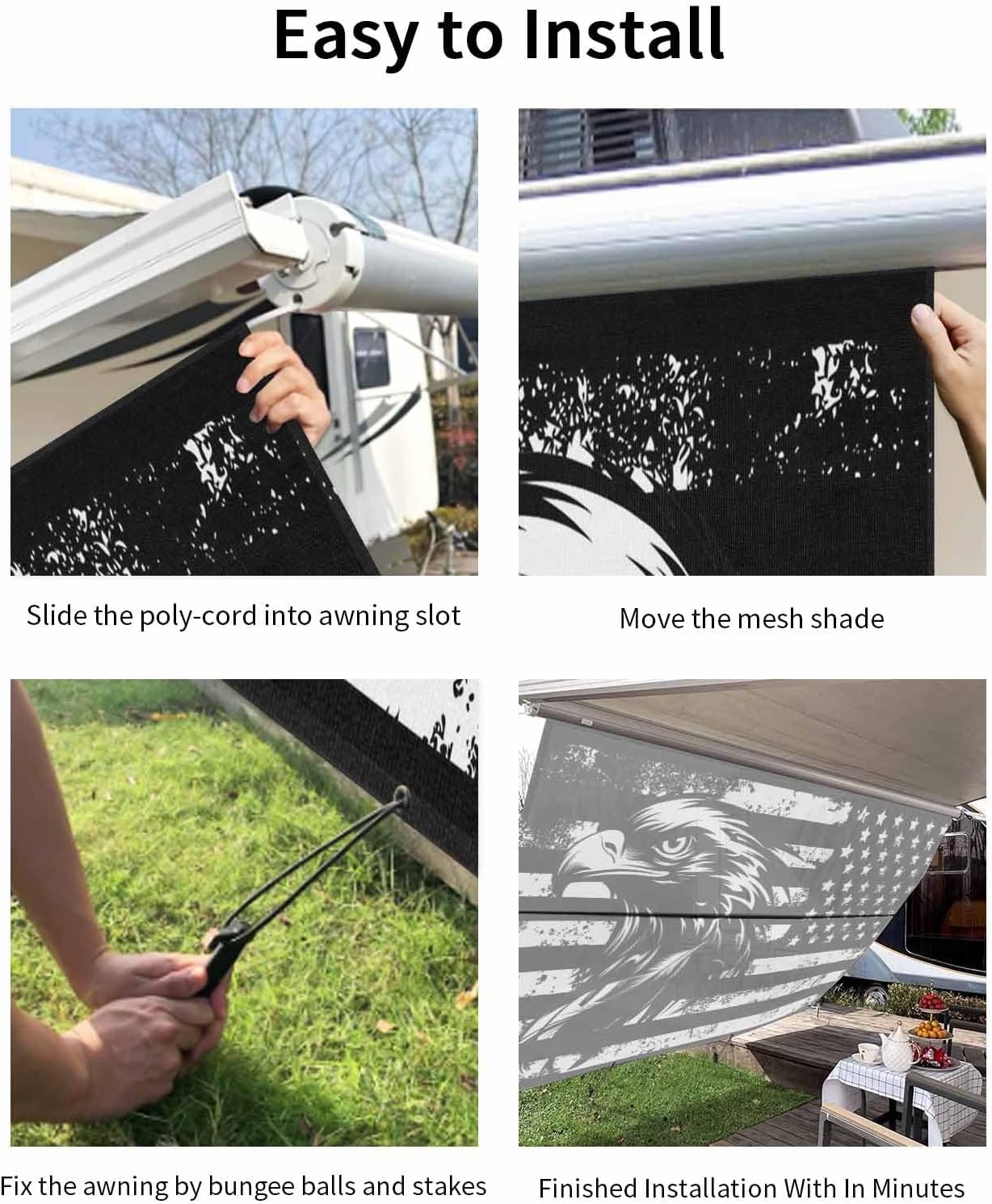 RV Awning Sun Shade Screen 9' x 15'3", Black Eagle 4th of July Mesh RV Awning Shades Complete Kits, Independence Day American Flag Sunlight Blocker Outdoor Canopy for Camping Trailer