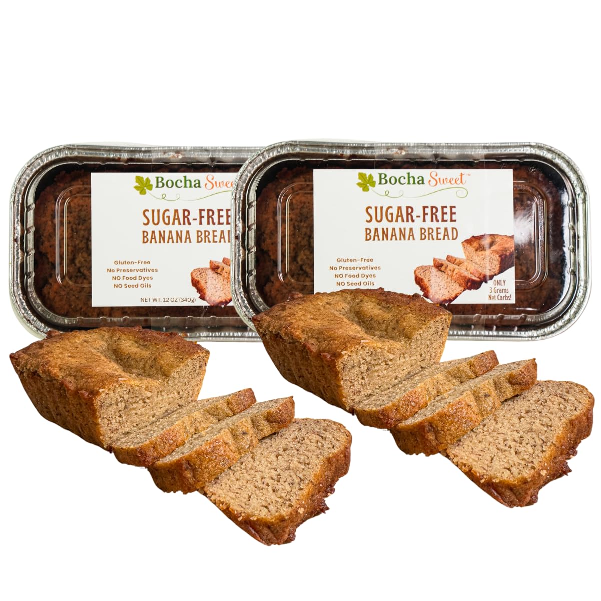 Sugar-Free Banana Bread – 12 oz Loaf (Approx. 6"x 3"x 2"), Moist, Fluffy, Gluten-Free, 2-Pack | BochaSweet