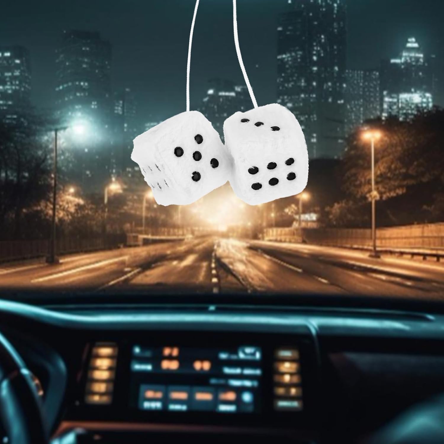 Fuzzy Plush Dice for Car Mirror 2.36” Pair of Retro Square Decoration Dice with White Dots Car Interior Hanging Ornament Decoration(White)