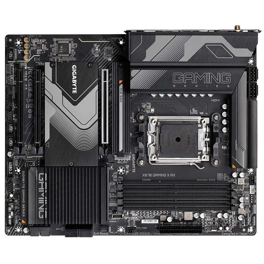 GIGABYTE X670 Gaming X AX Mainboard - Unterstützt AMD Ryzen 9000 Series CPUs, 16+2+2 Phases Digital VRM, up to 8000MHz DDR5 (OC), 1xPCIe 5.0 + 3xPCIe 4.0 M.2, Wi-Fi 6E, 2.5GbE LAN, USB 3.2 Gen 2x2