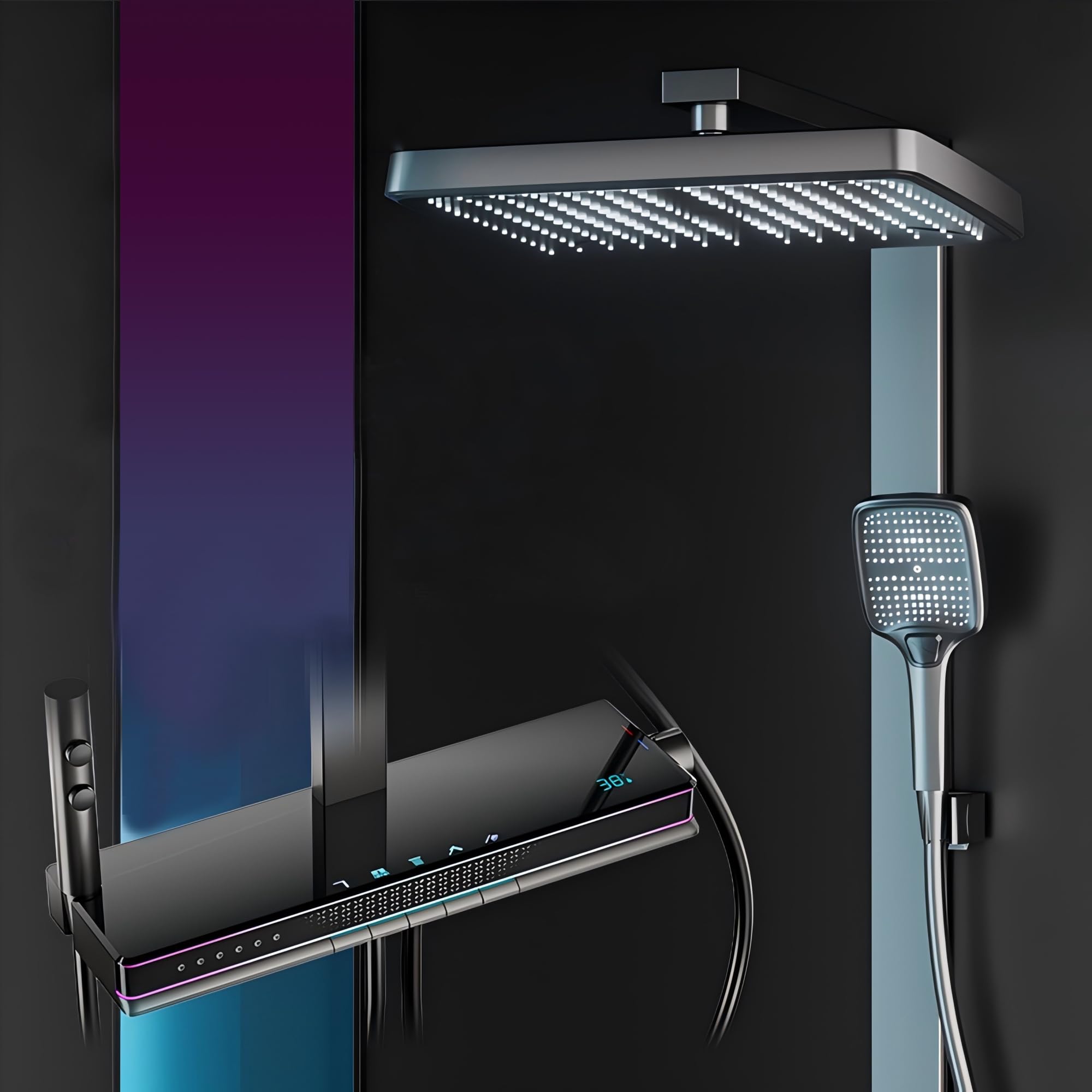 MocArt SFES8 - Sistema doccia futuristico per bagno, 5 funzioni, display digitale della temperatura, soffione doccia multi-angolo, massaggio addominale e schiena, nucleo della valvola in rame