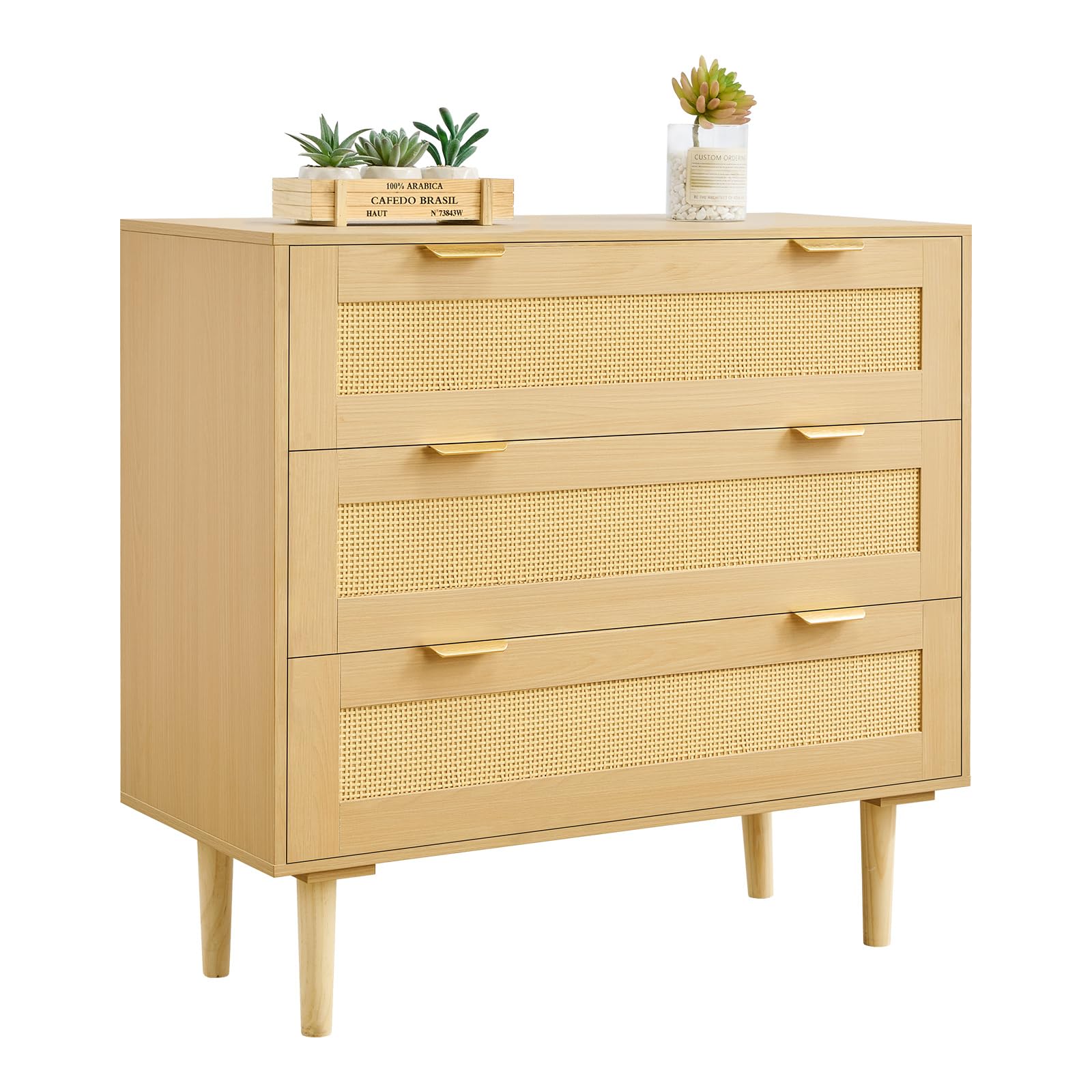 VEVOR Commode en rotin à 3 tiroirs, meuble de rangement avec poignées en métal et pieds en bois, organisateur de vêtements et rangement bohème en bois, armoire pour chambre à coucher, salon ou couloir