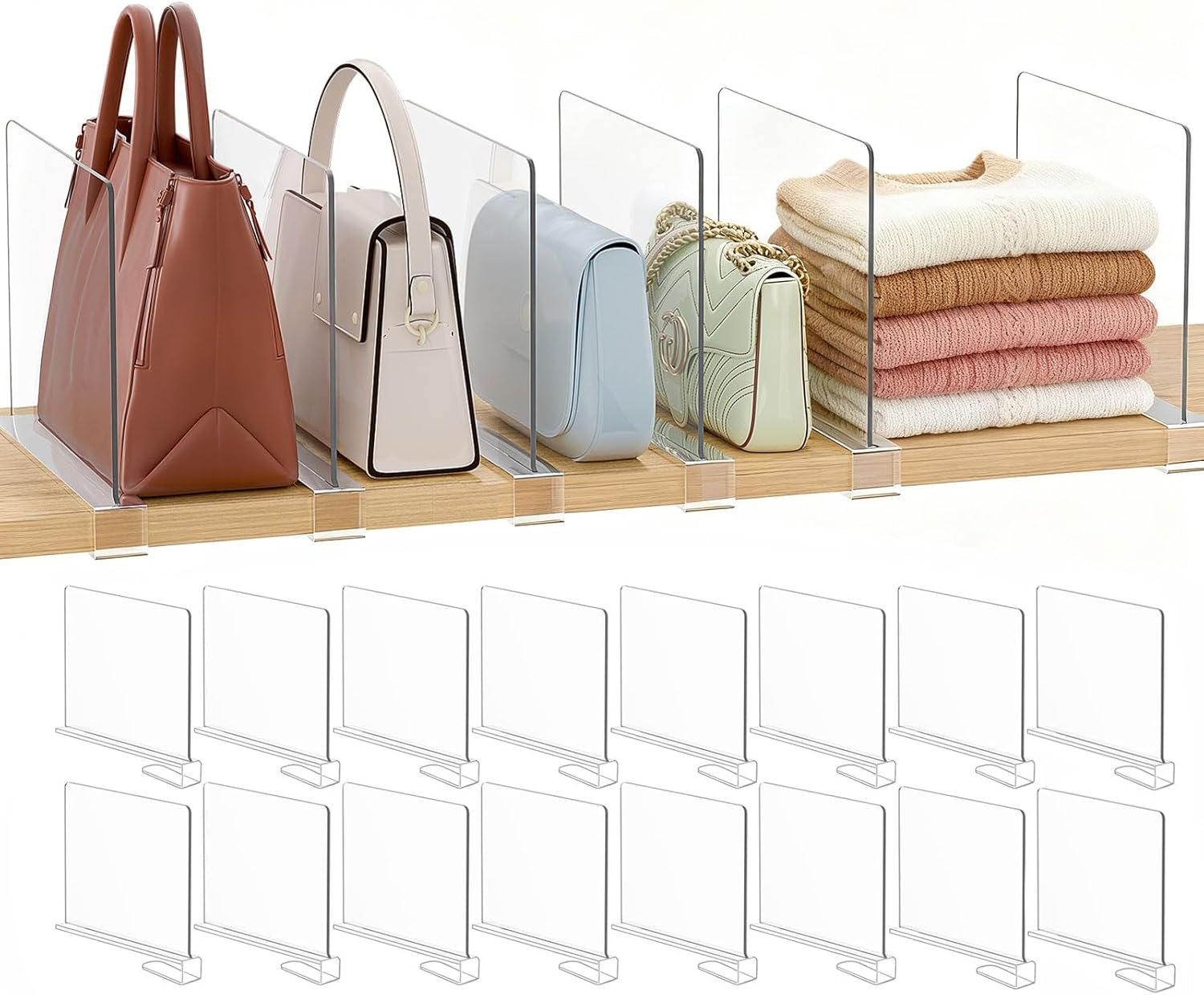Purse Organizer for Closet Shelf Dividers: 16-Pack Adjustable Clear Acrylic Bag Storage Organizer for Handbags, Sweaters, Towels, Jeans and Shoes on Wood Shelves