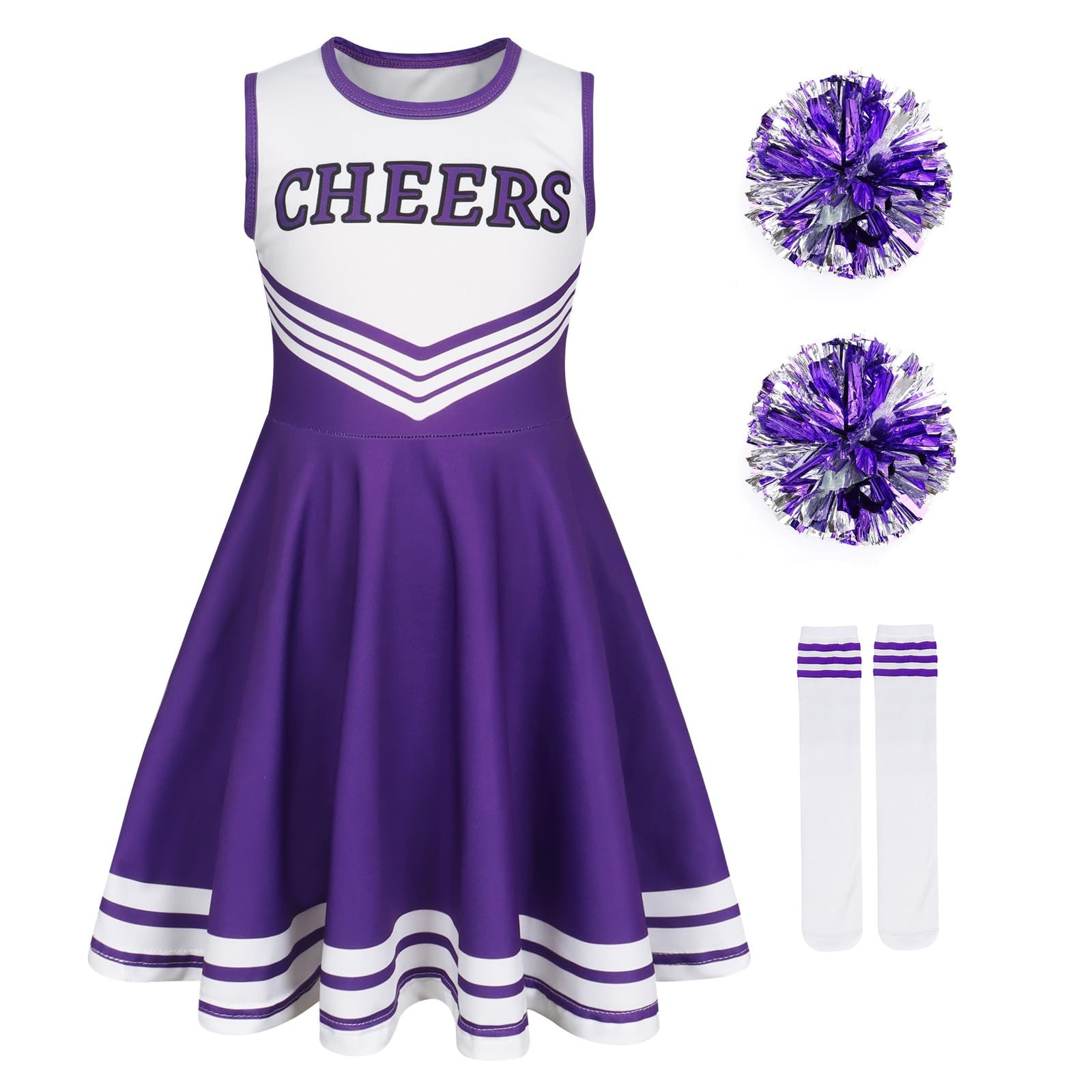 Berich Cheerleader Outfit Kids Dress Up with Pompoms Socks Princess Costumes for Girls Halloween Uniform Outfit Therm Party Clothing Girls Cheerleader Costume Purple 5-6 Years,120