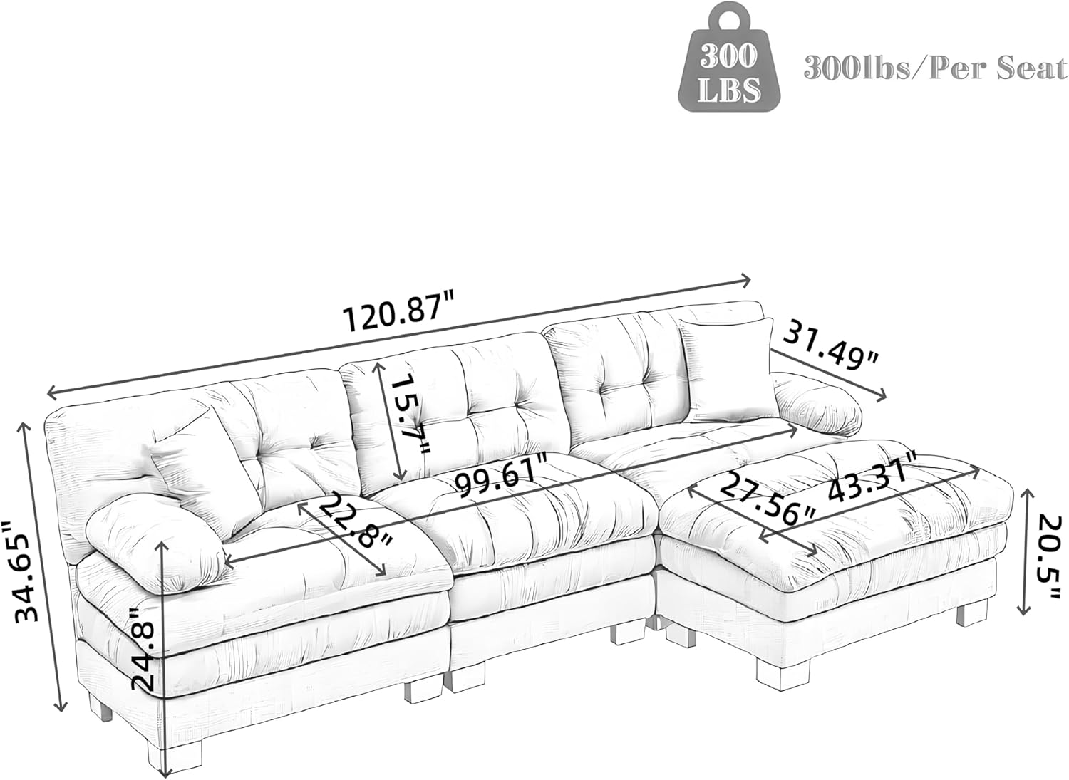 KEIKI L Shaped Modular Sectional Sofa, Reversible 3 Seater Couch with Ottoman, 3-Seater Sofa with 2 Pillows for Living Room Bedroom Office Hallway, Orange