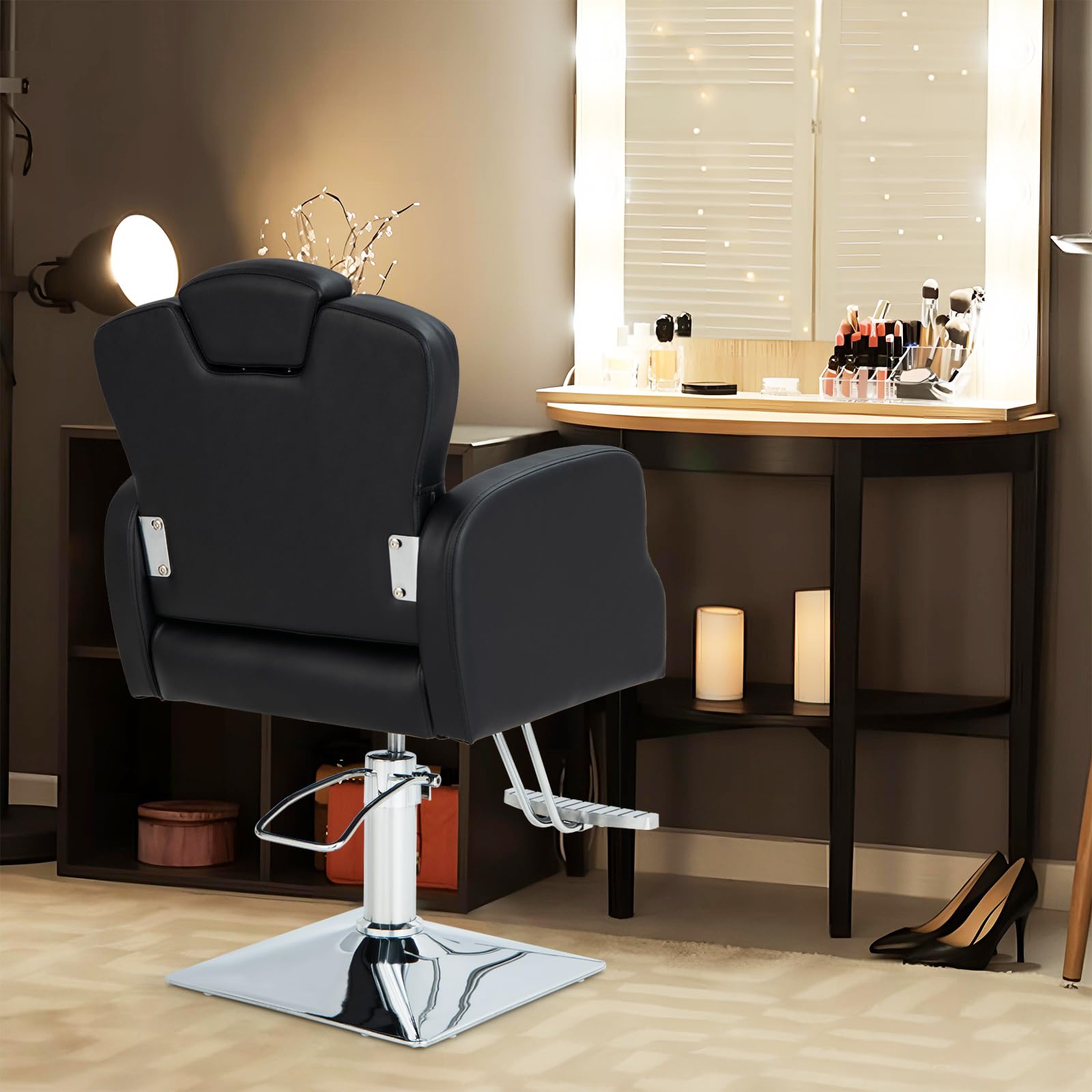 GOPLUS Silla de Peluquería con Bomba Hidráulica, Silla de Barbero Moderno Giratorio 360 ° con Asiento Ajustable, Reposacabezas, para Salón de SPA y Belleza, Barbería, Carga 150 kg, Negro