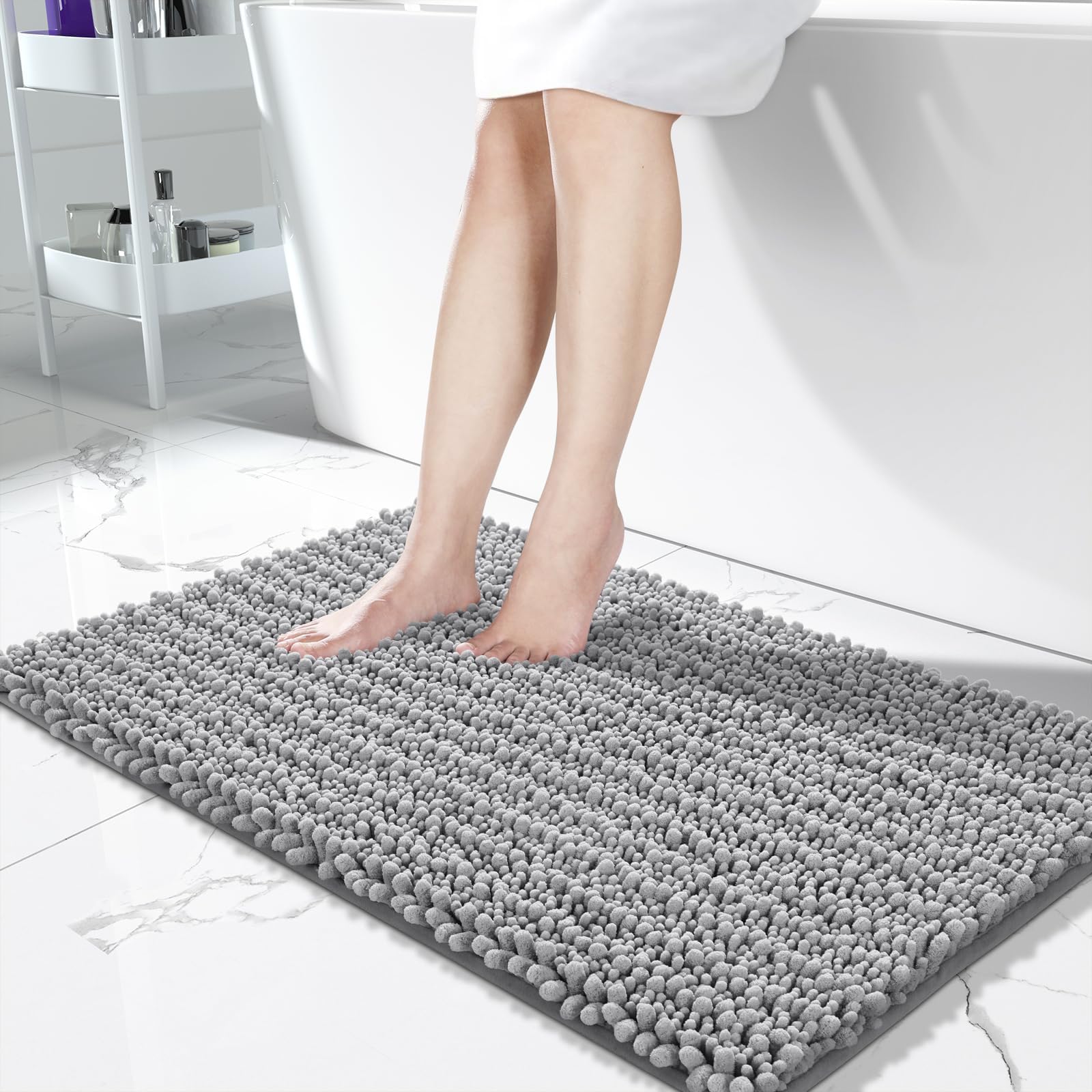 Yimobra Long Bathroom Rugs Non Slip Washable 44x24 Inch - Ultra Soft Absorbent Chenille Bath Mat, Quick Dry Shaggy Floor Carpet for Tub Shower, Gray Home Decor Accessories