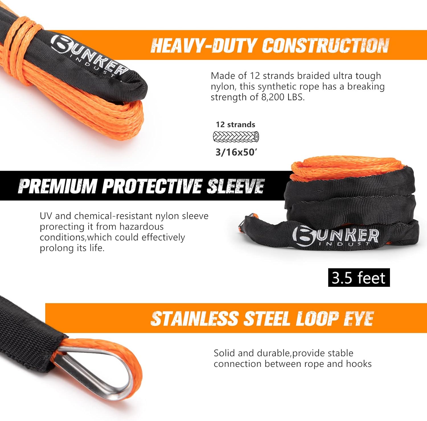 BUNKER INDUST Vehicle Offroad Recovery Kit, Pair Traction Boards Orange + 3/16" x 50' Synthetic Winch Rope + Winch Fairlead+ Stopper+Hook for 4WD Vehicle ATV UTV SUV