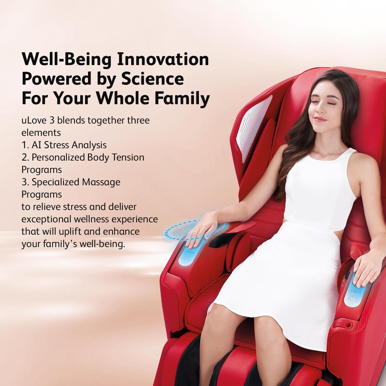 Woman relaxing in a red massage chair with text about Well-Being Innovation