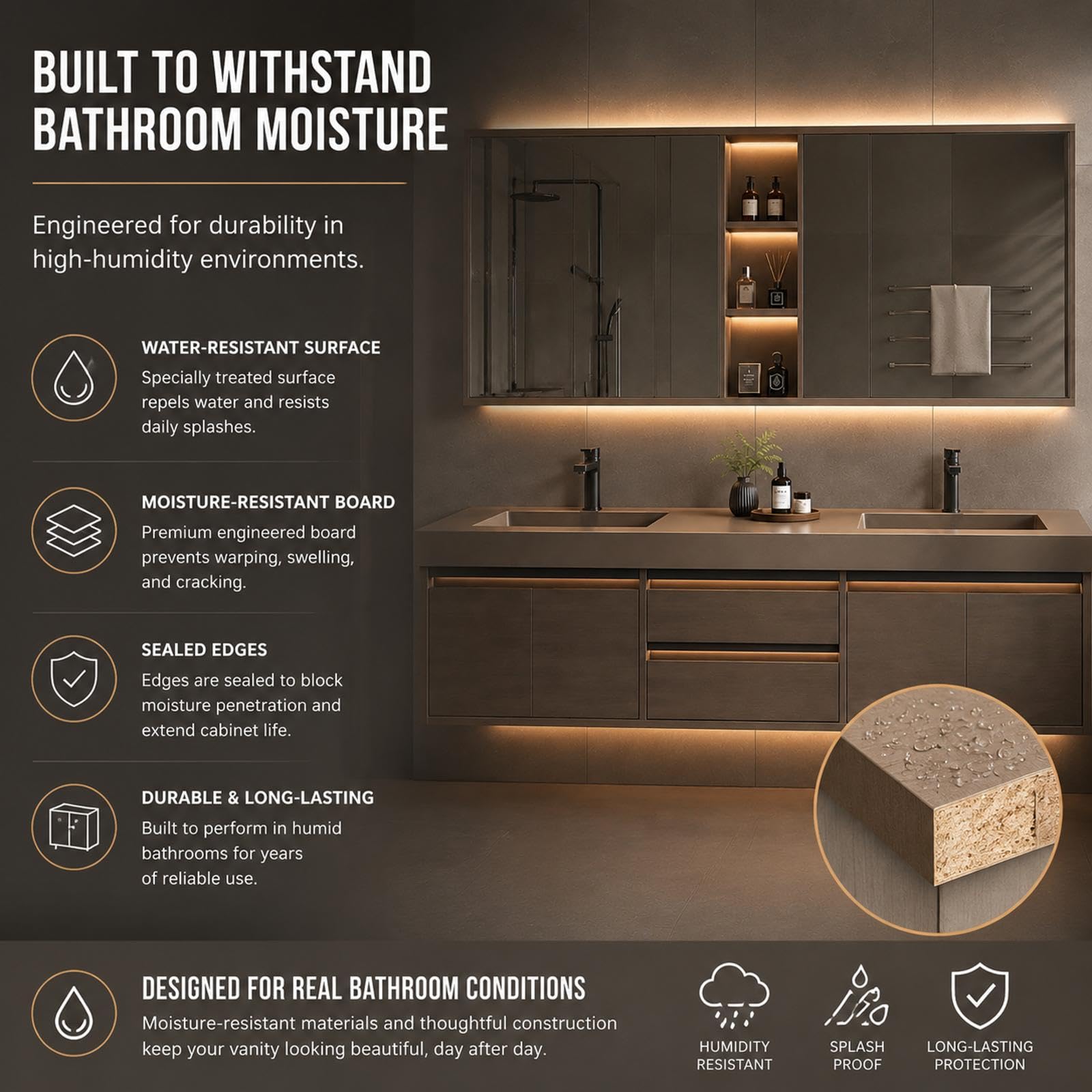 Meuble de salle de bain flottant à double évier de 157,5 cm – Design mural moderne avec évier en pierre et miroir LED | Grand espace de rangement | Construction en bois massif pour salles de bains