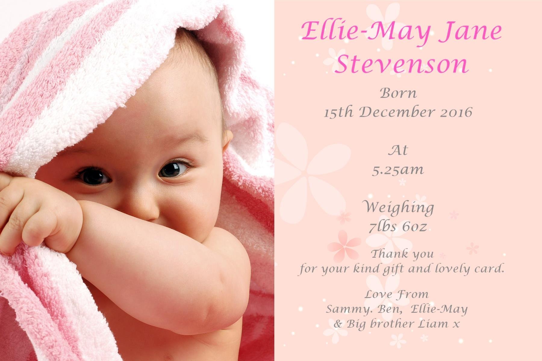 30 Personalised Baby Girls Birth Announcement cards Pink AC30