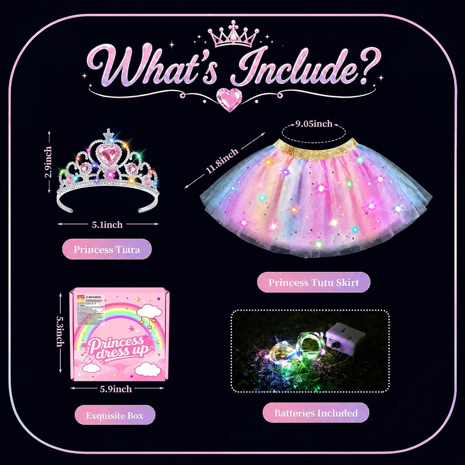 Girls Tutu Skirt Light Up Ballet Skirt, LED Glow Tutu Dress 3 Layered Sparkle Tulle Skirt with Princess Crown