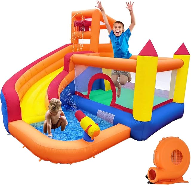Ballsea Bouncy Castle, Inflatable Trampoline Bounce House with Long Slide, Climbing Wall, Ball Pit, Cannon, Bucket Dump for Kids Indoor Outdoor