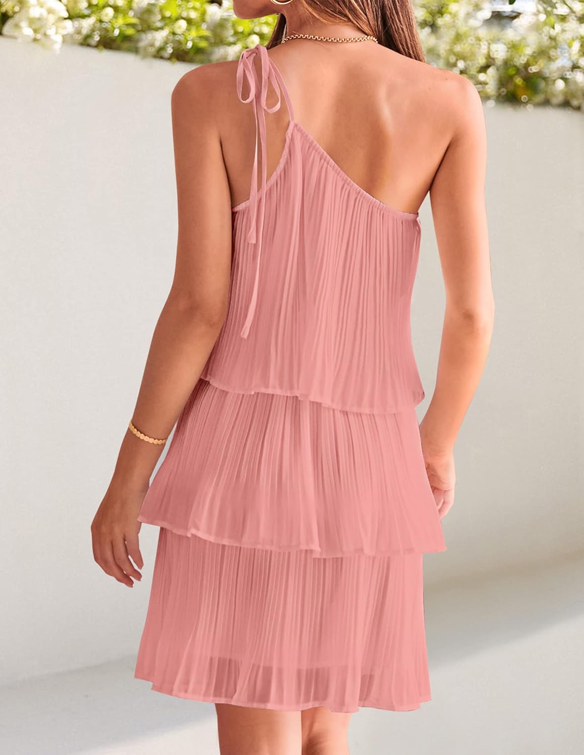 ZESICA Women's Boho Summer One Shoulder Sleeveless Ruffle Tiered Layered Chiffon Pleated A Line Flowy Mini Dress - Image 4