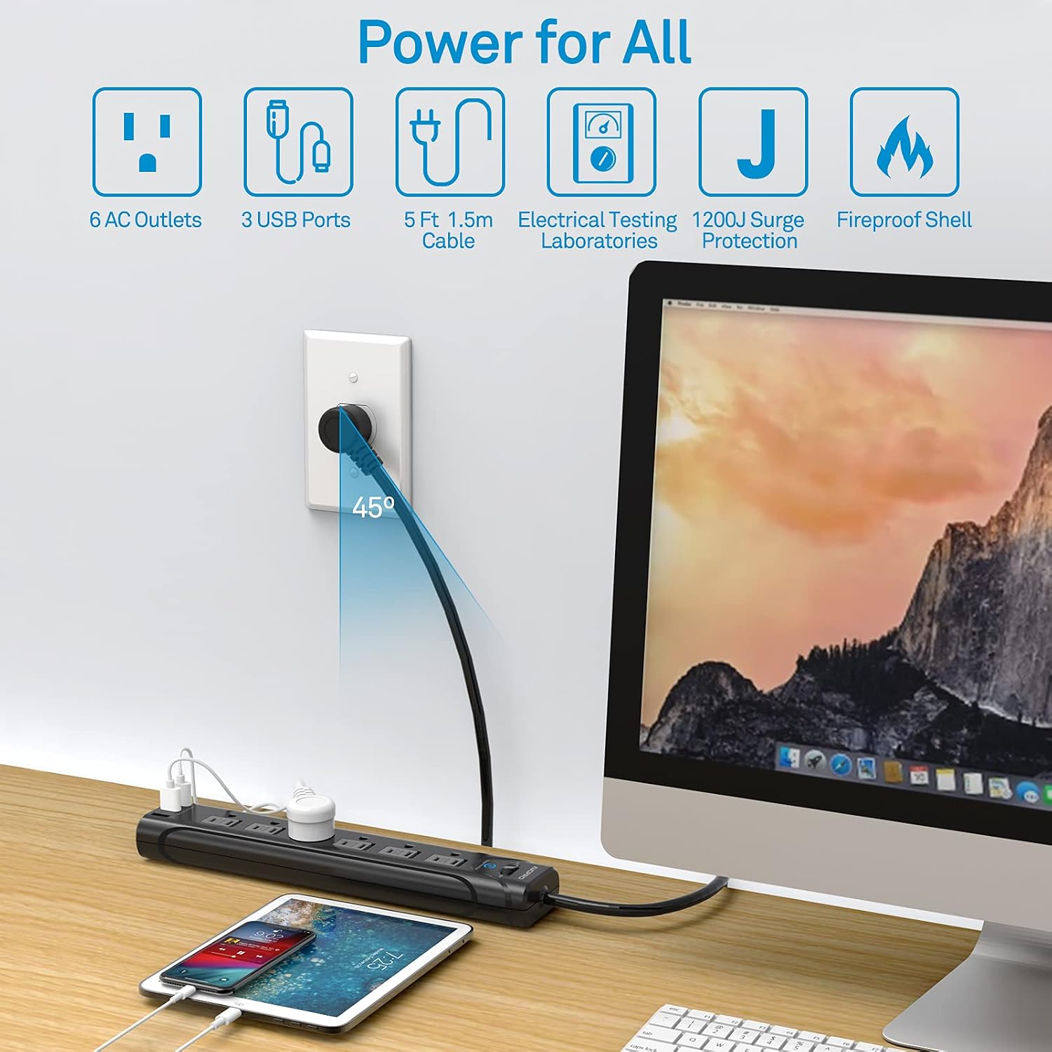 Power Strip, Surge Protector with 6 AC Outlets and 3 USB Ports(3 x 2.4A), Slide-to-Close Outlet Covers and 5 Feet Extension Cord (1250W/10A), 1200 Joules, for Home, Office and Hotel, ETL Listed, Black