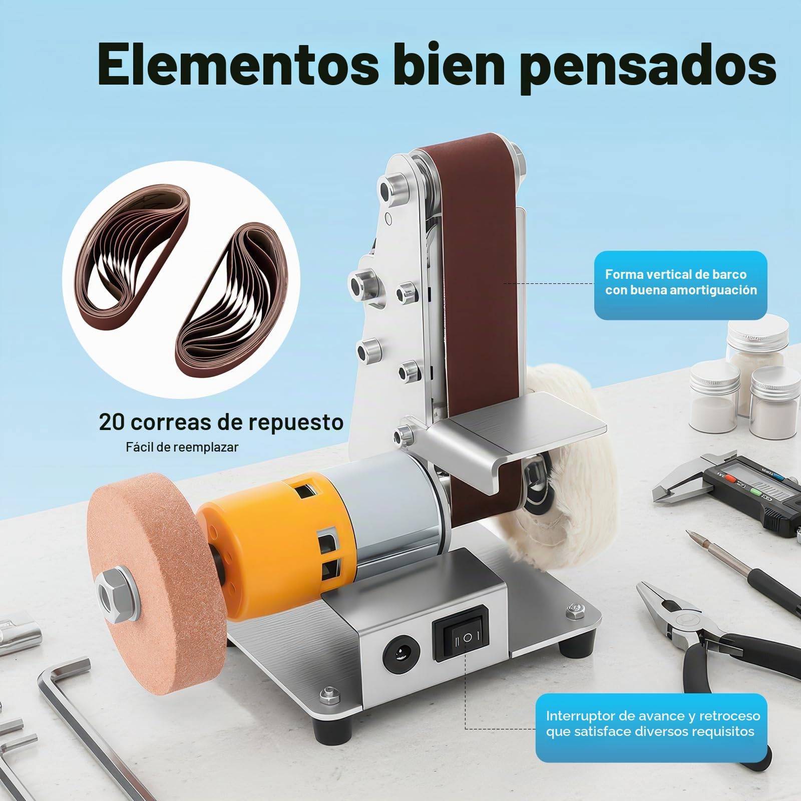 Mini lijadora de banda de 7 velocidades, lijadora eléctrica de cinturón, pulidor para madera, metal, lijadora de mesa portátil, 240V, con banda de lija amarilla, para trabajos de bricolaje en madera