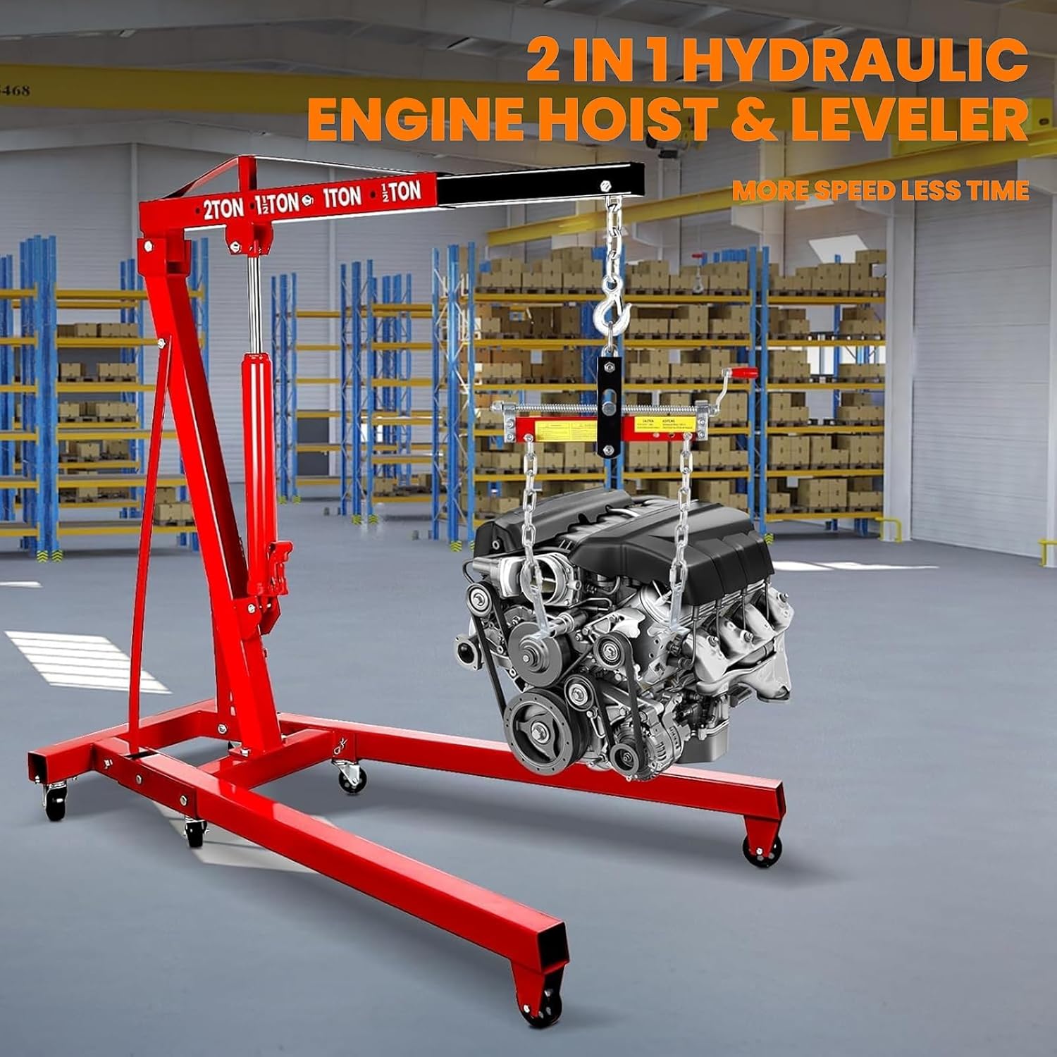 Engine Hoist - 2 Ton Folding Cherry Picker, Heavy Duty Hydraulic Crane, 6 Casters, 4400 LBS Capacity, Engine Crane for Workshops Garage Warehouse