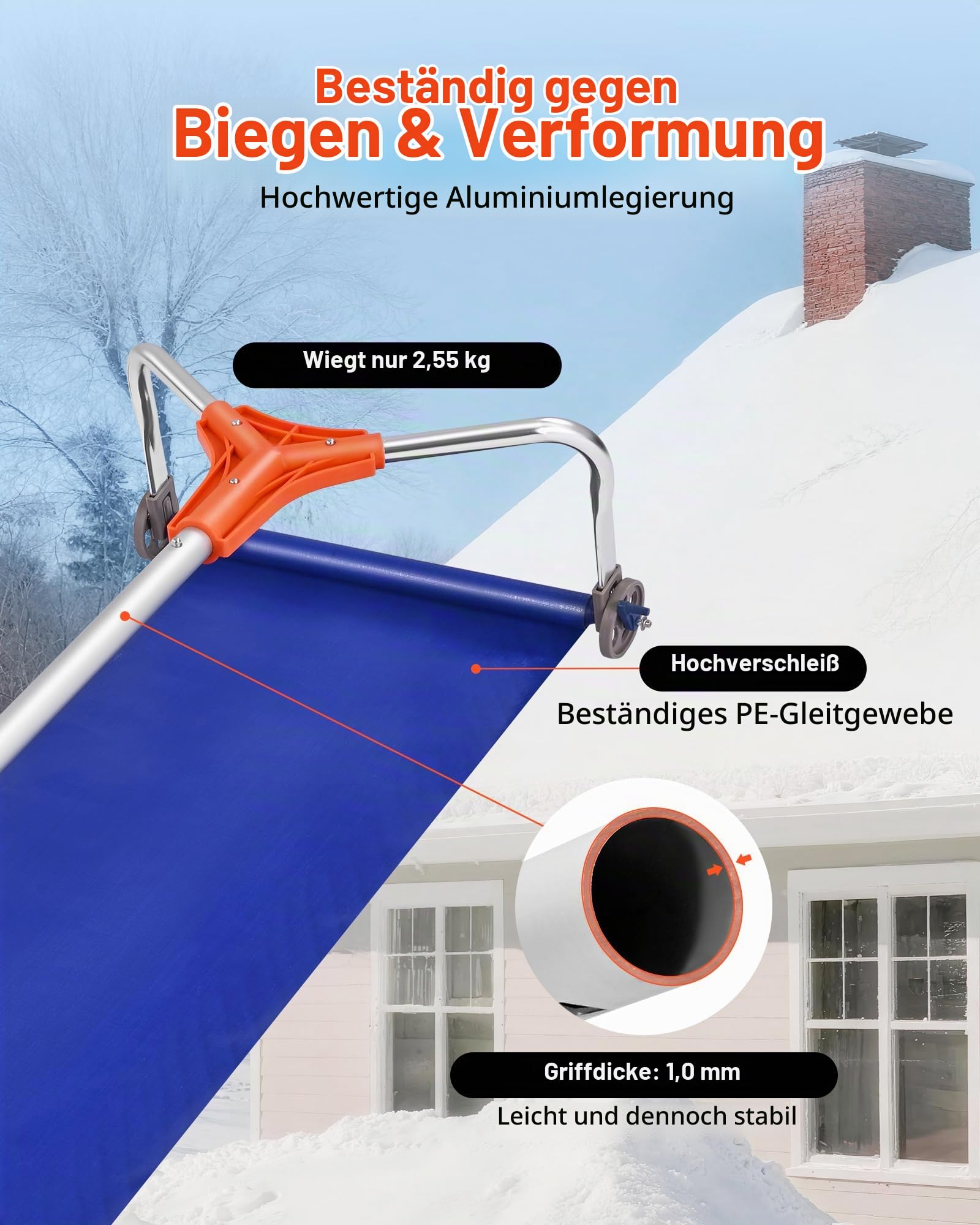 VEVOR Schnee Dachrechen, 432 mm Aluminiumklinge, 125-542cm Verstellbarer Schneeschieber mit Rädern & Gleitschiene, Schneeräumwerkzeug zum Entfernen von Laub & Schnee auf Hausdächern