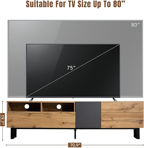 Miniatura 5 de LUMISOL Moderno soporte de TV para TV de 80 pulgadas, centro de entretenimiento de madera con cajones, armarios, estantes abiertos, consola