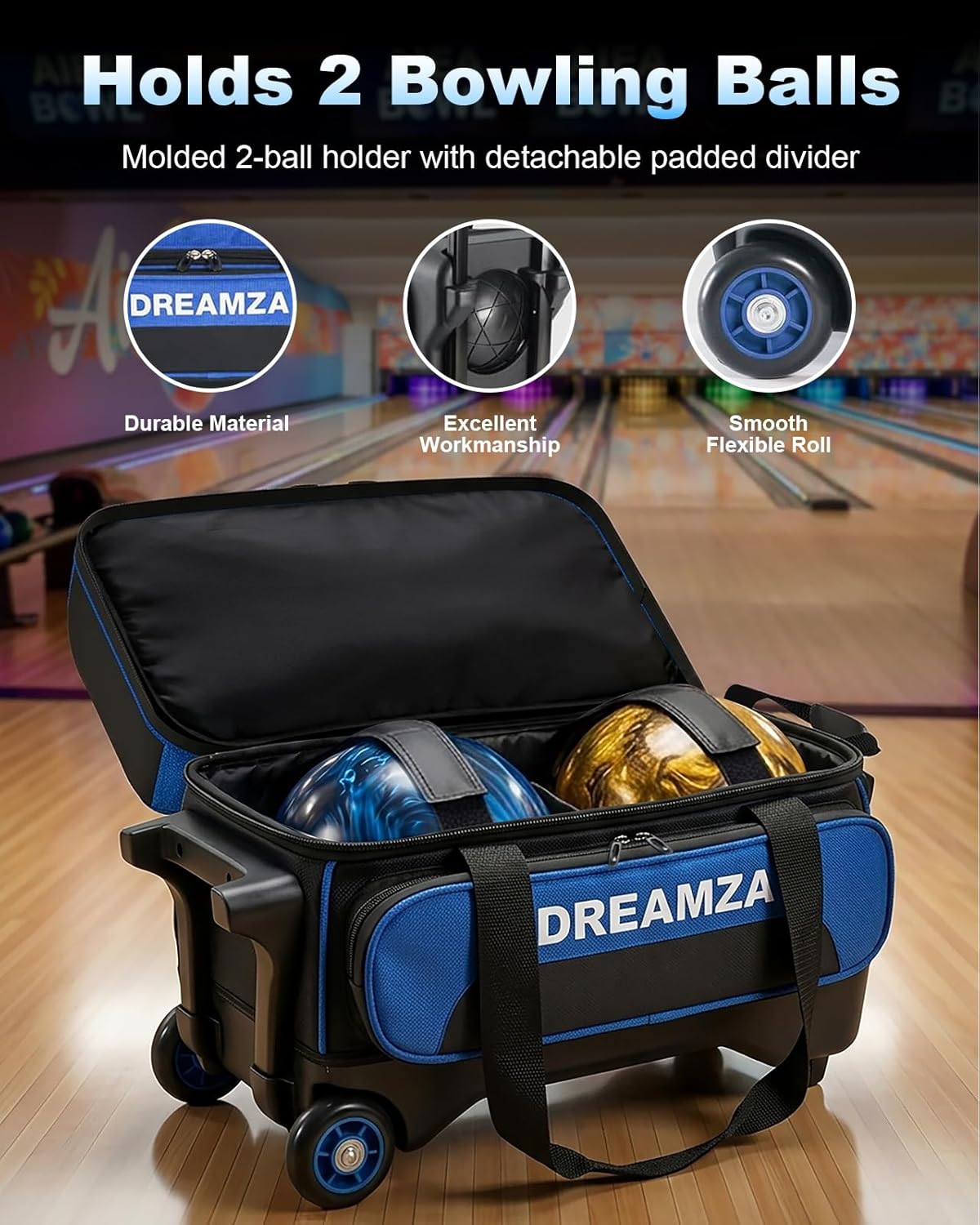 2 Ball Bowling Bag with Wheels, Double Bowling Ball Bag 2 Ball Roller w/Separate Compartment for Shoes Up to US Mens Size 16, w/Retractable Handle Extends to 40" & Accessories Pocket