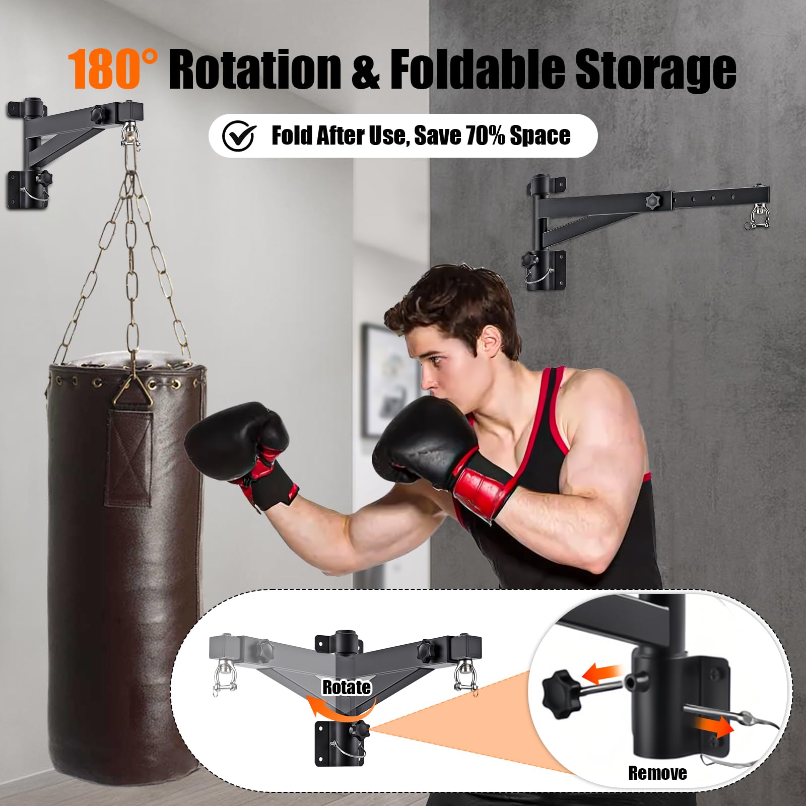 Boxsack Halterung, Sandsack Wandhalterung, Hängend Boxsack Ständer mit Schwenkarm, 43-63 cm Verstellbare Länge (17" - 25"), Trägt 150 kg, Faltbaren Aufbewahrung für Heimfitnessraum/Garage/Keller