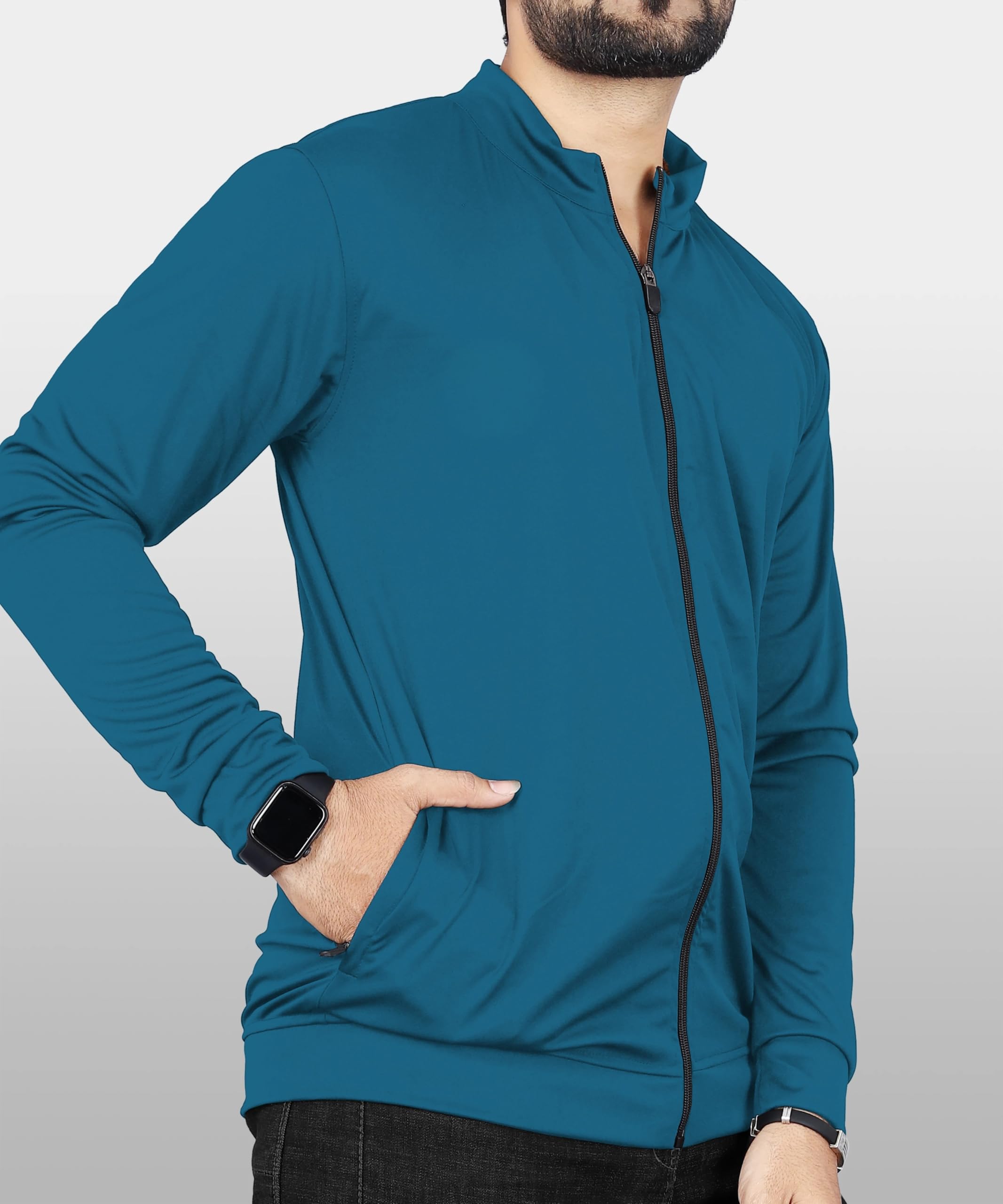 Men Solid Polyester Sports Jacket Long Sleeves Full Zip with Pocket Gym, Running & Travel Upper Wear (IN, Alpha, L, Regular, teal) 1