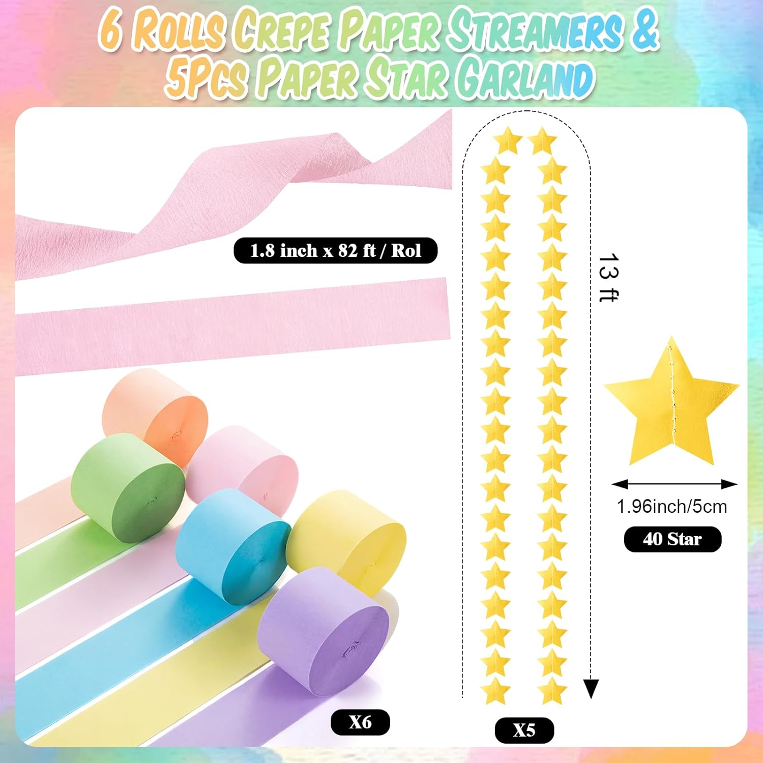 TaoBary Easter Decorations 492ft Pastel Crepe Streamers 600 Sheet Paper Strips Chain Garland 65.5ft Star Hanging for Pastel Party Birthday Wedding Decor