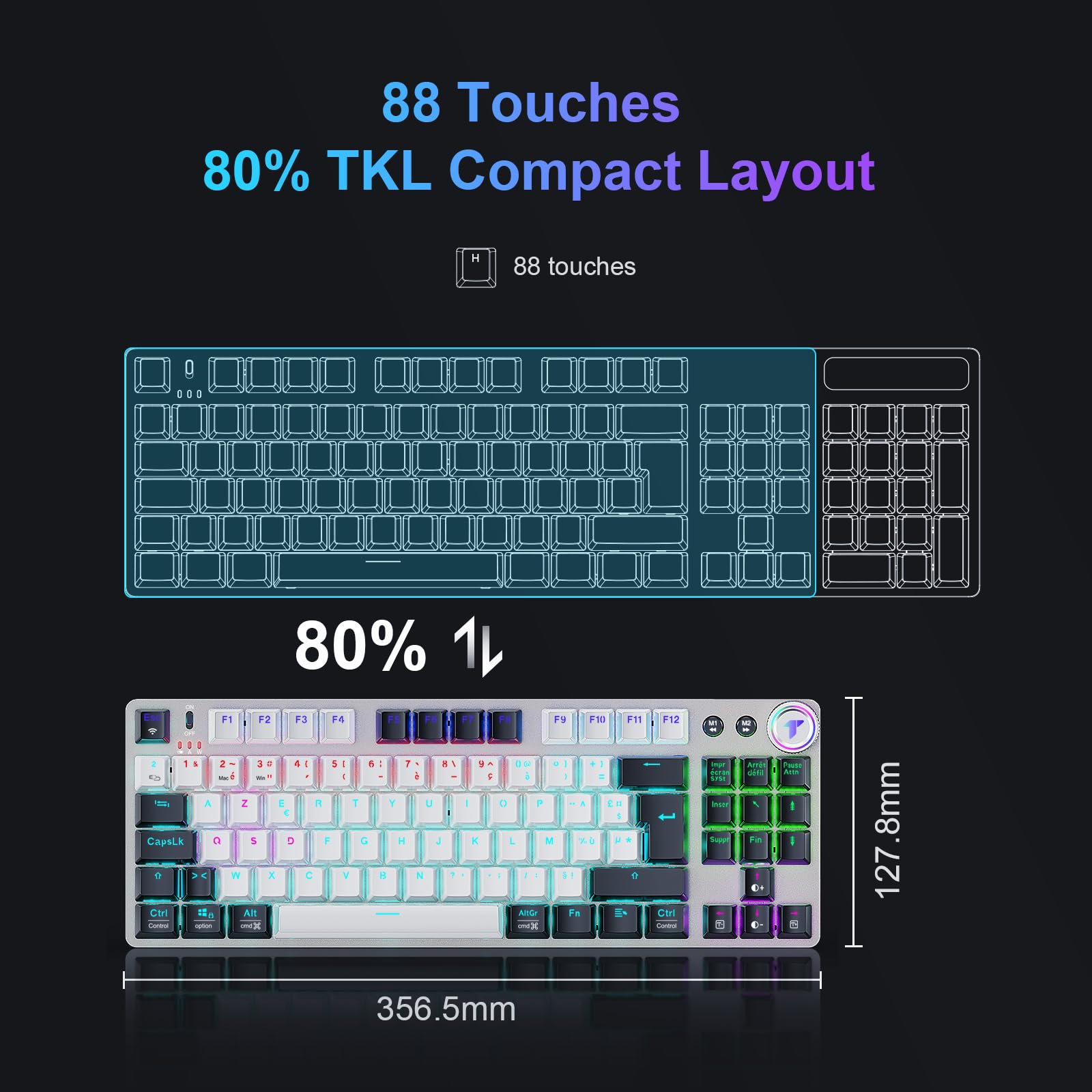 TECURS Gaming Clavier Mécanique Gamer Keyboard sans Fil (2.4G Filaire) Rétroéclairé, 80% TKL Clavier AZERTY, Axe Linéaire, Anti-Ghosting, pour Ordinateur/PC/Windows/Xbox