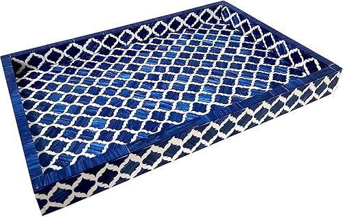 Bandeja de servir hecha a mano con incrustaciones de hueso, bandeja de desayuno de damasco marroquí azul y blanco, bandeja rectangular de madera