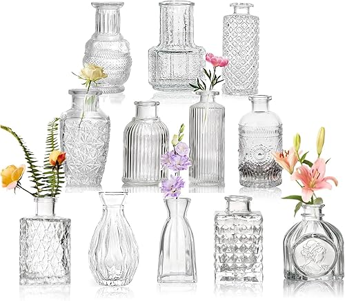 Juego de 12 jarrones de cristal para flores, jarrones vintage para centros de mesa, diseño de flores pequeñas para centros de mesa, decoración de