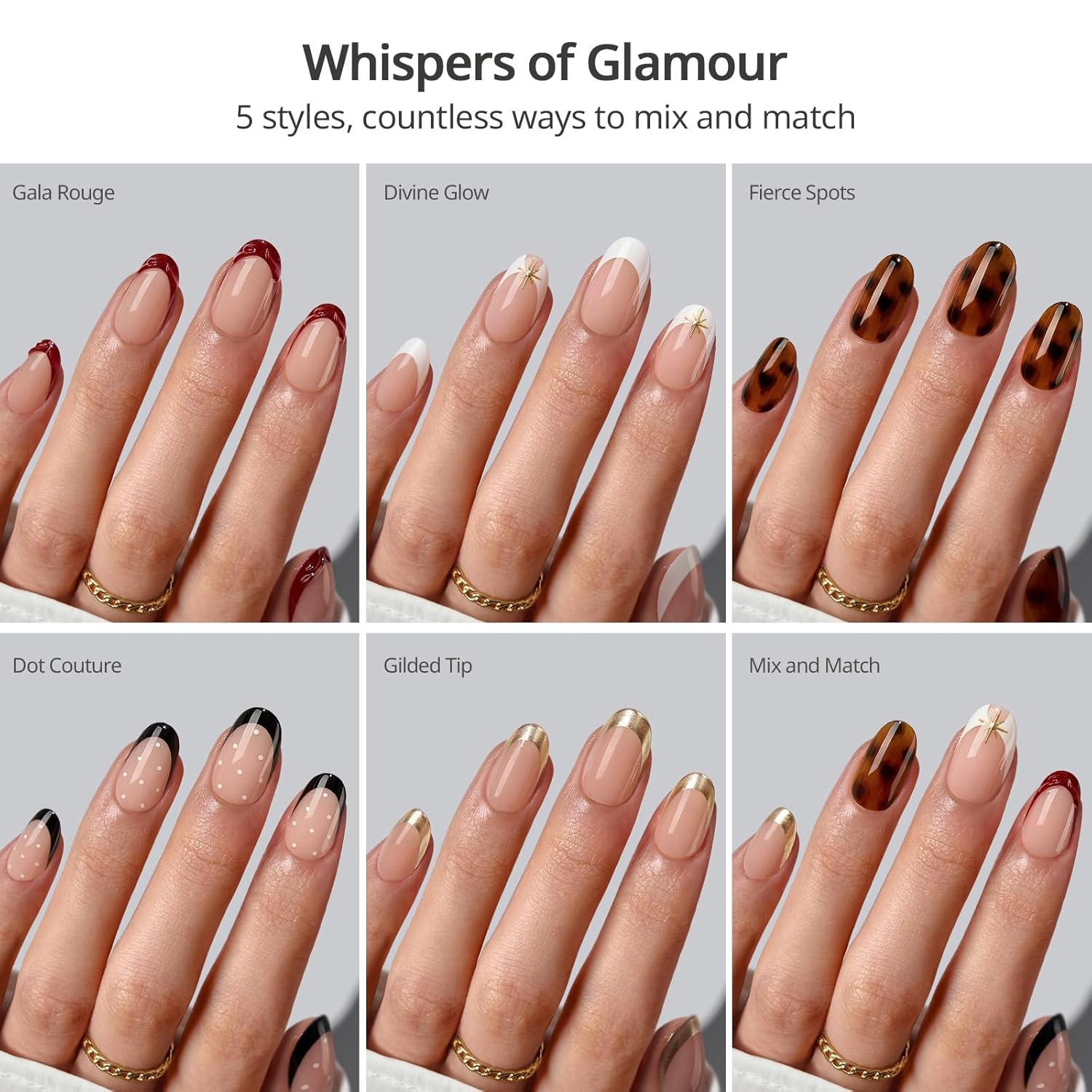 BTArtboxnails X LONGHAIRPRETTYNAILS Press On Nails - Whispers of Glamour, 5 Designs Mix Match Short Oval French Tip Press On Nails, 160 Pcs Salon Quality Soak Off Soft Gel Nail Tips in 16 Sizes